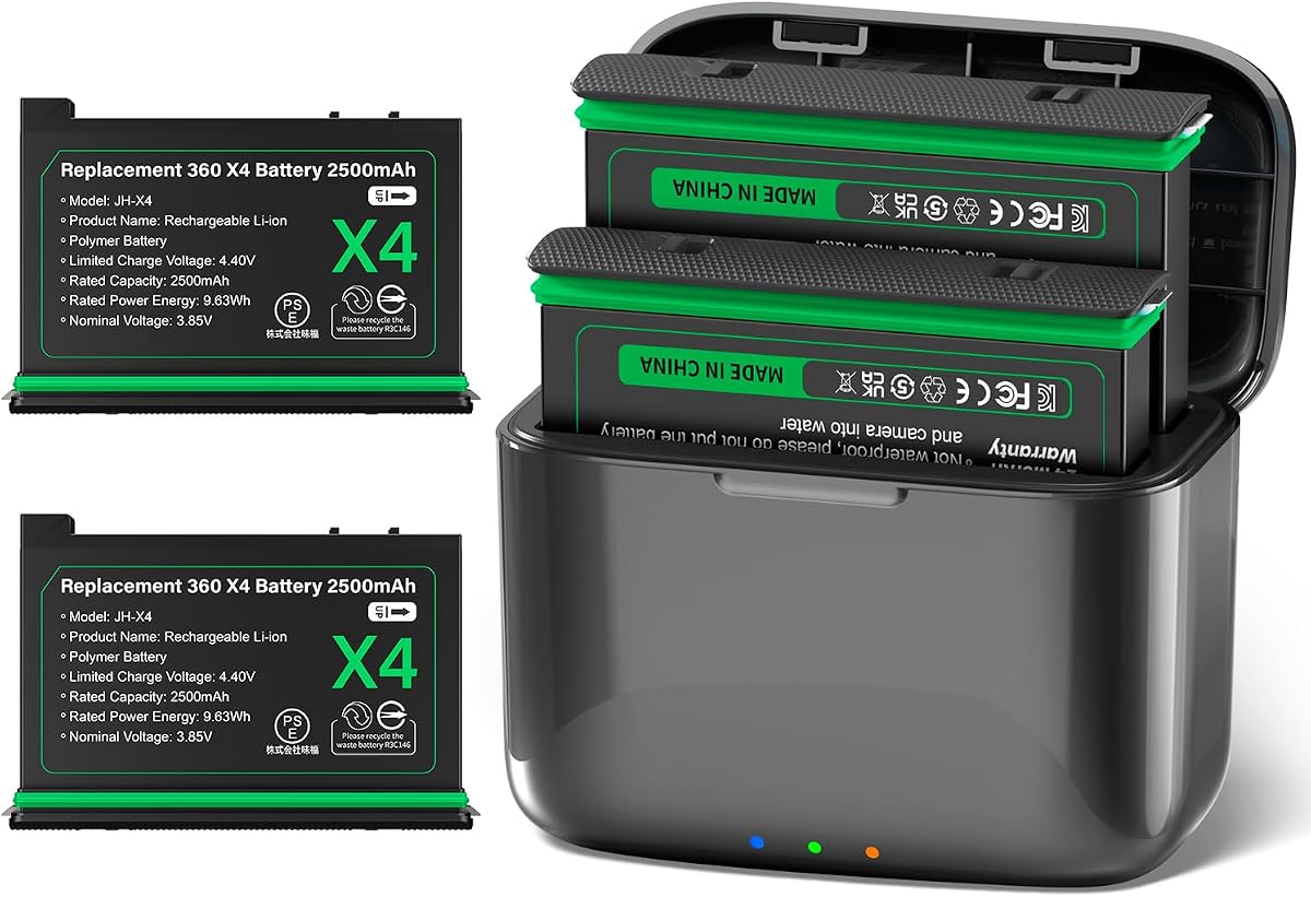 2 Pack 2500mAh Battery with Charger Hub for Insta360X4 Camera | Replacement Battery with Dual Charger Hub for Insta360X4 Action Camera, 360x4 Accessories with Misro Card Slots