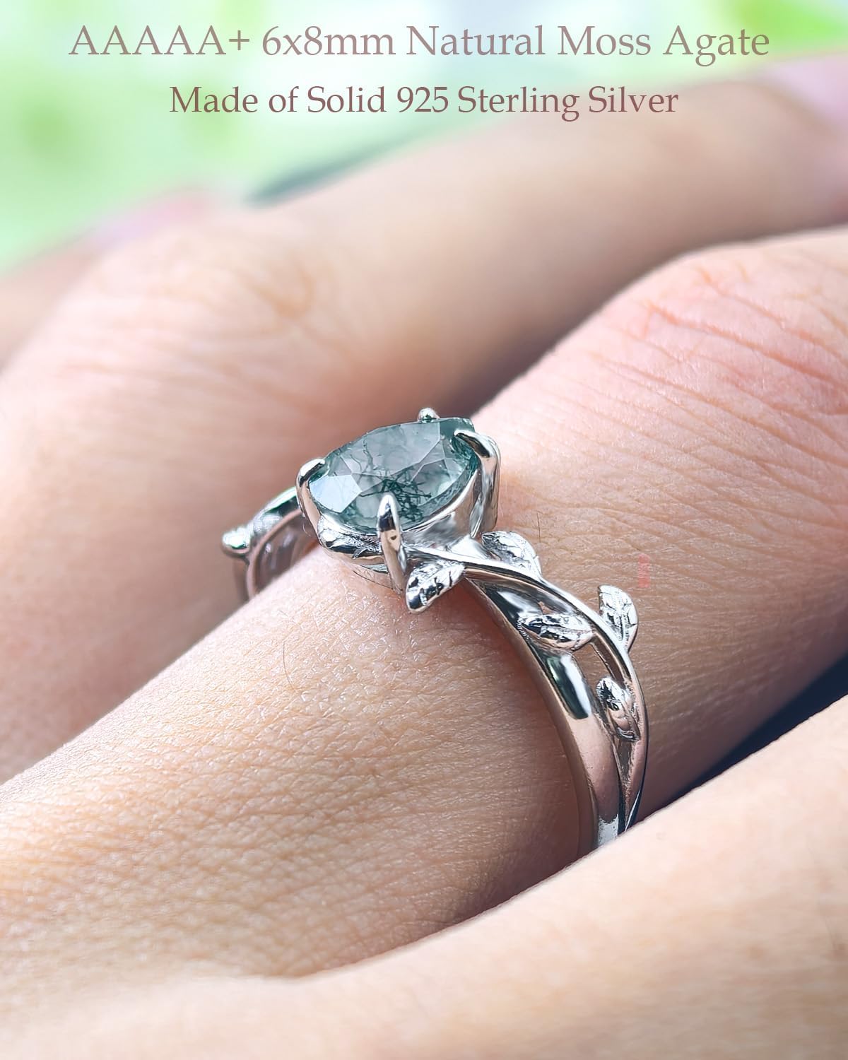 Wasee Natural Moss Agate Ring 925 Sterling Silver Opal Birthstone Ring 925 Sterling Silver Leaf Promise Ring for Her Birthday Anniversary Jewelry for Women - Image 3