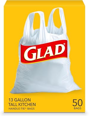 Glad Tall Kitchen Trash Bags 13 Gallon Unscented Garbage Bags Handle-Tie 50 Count