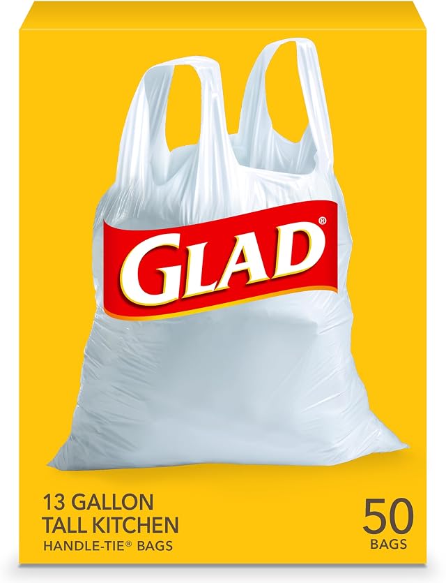 Glad Tall Kitchen Trash Bags 13 Gallon Unscented Garbage Bags Handle-Tie 50 Count