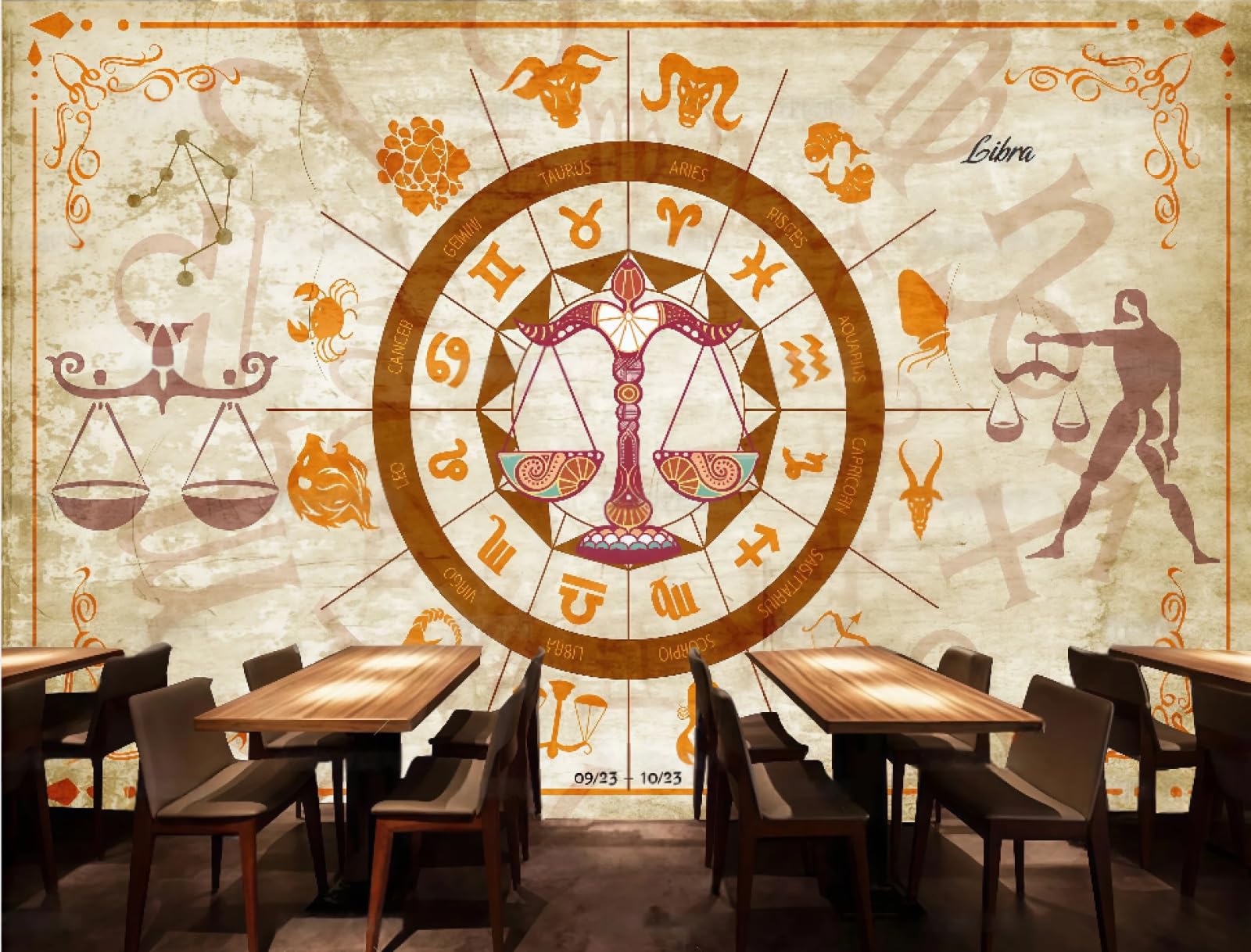 XDOUBAO Wallpaper Fashion Constellation Retro Hand-Painted Libra Theme Beverage Shop Afternoon Tea Western Restaurant Background Wallpaper Coffee Shop Mural,3D,250x175cm
