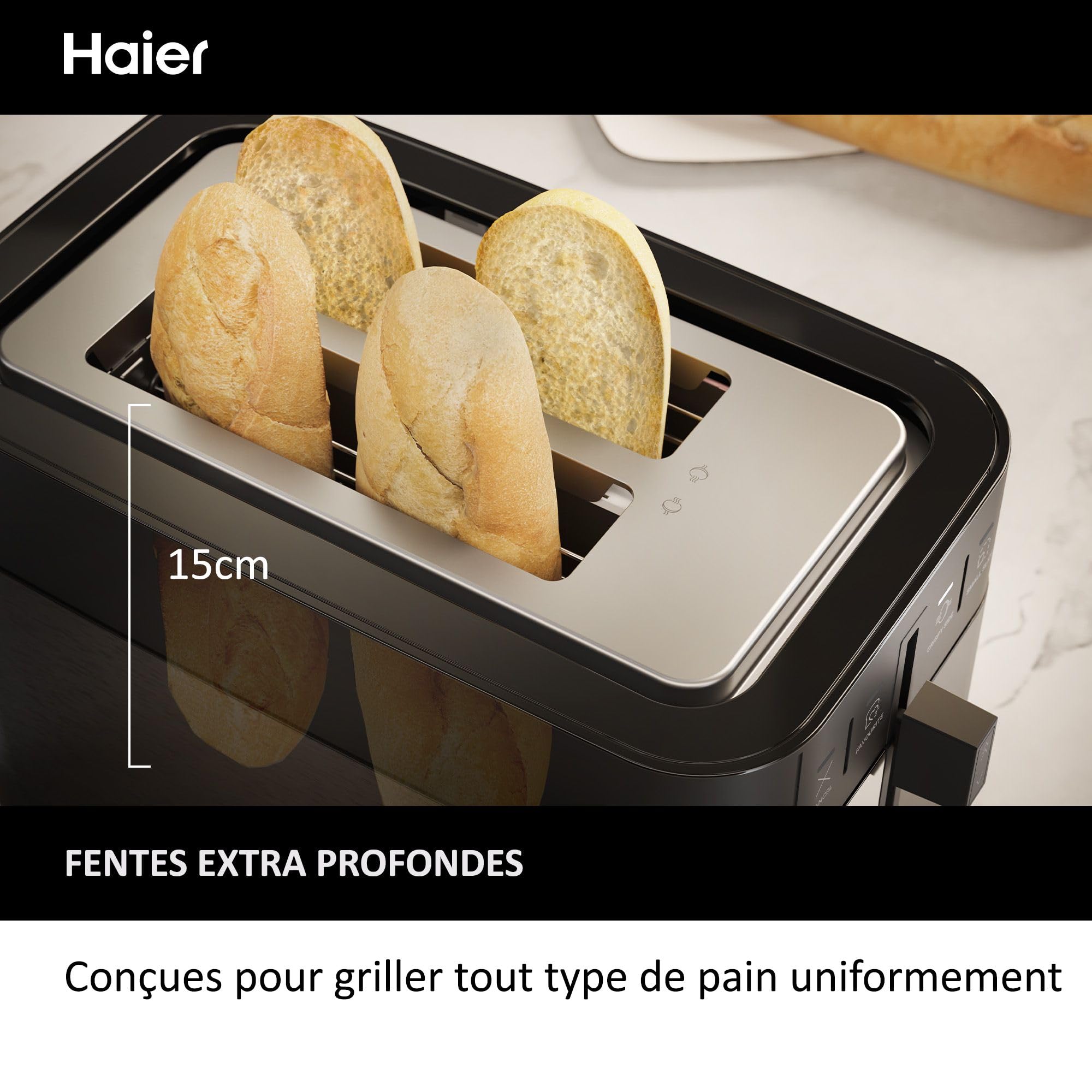 Haier I-Master Série 5 Grille-Pain, Acier Inoxydable, 2 Tranches avec Fentes Extra Profondes, Poignée de Levage pour Eviter les Brûlures, Couvercle Anti-Poussière, 7 Niveaux de Brunissage [Noir]
