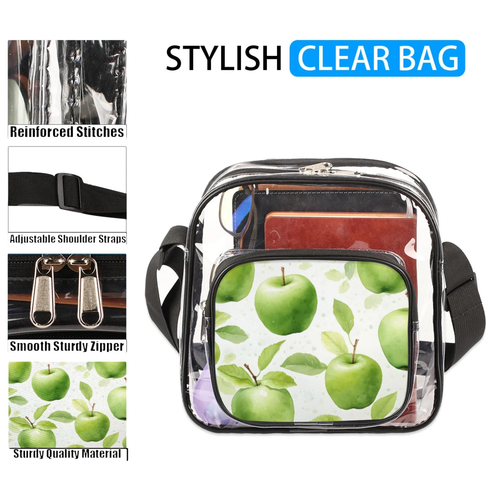 Clear Crossbody Bag Stadium Approved Green Apples Transparent Bag for Festivals, Sports Events, Concerts,Beach Bag for Women Men Clear Purse with Front Pocket Messenger Bag with Adjustable Strap