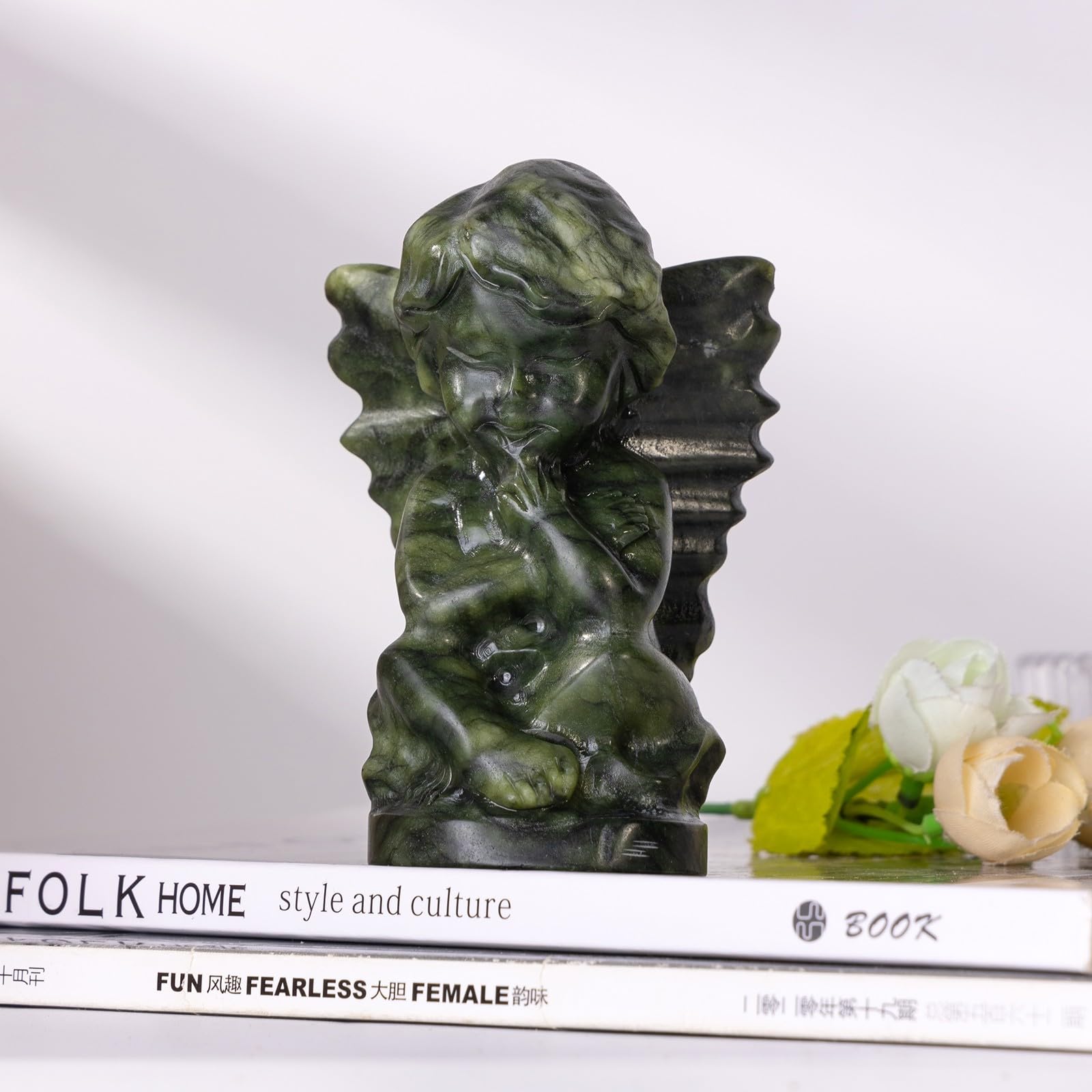 mookaitedecor Hand Carved Natural Green Jade Crystal Thinking Baby Angel Figurine Statue Good Luck Guardian Angel Gift - Image 3