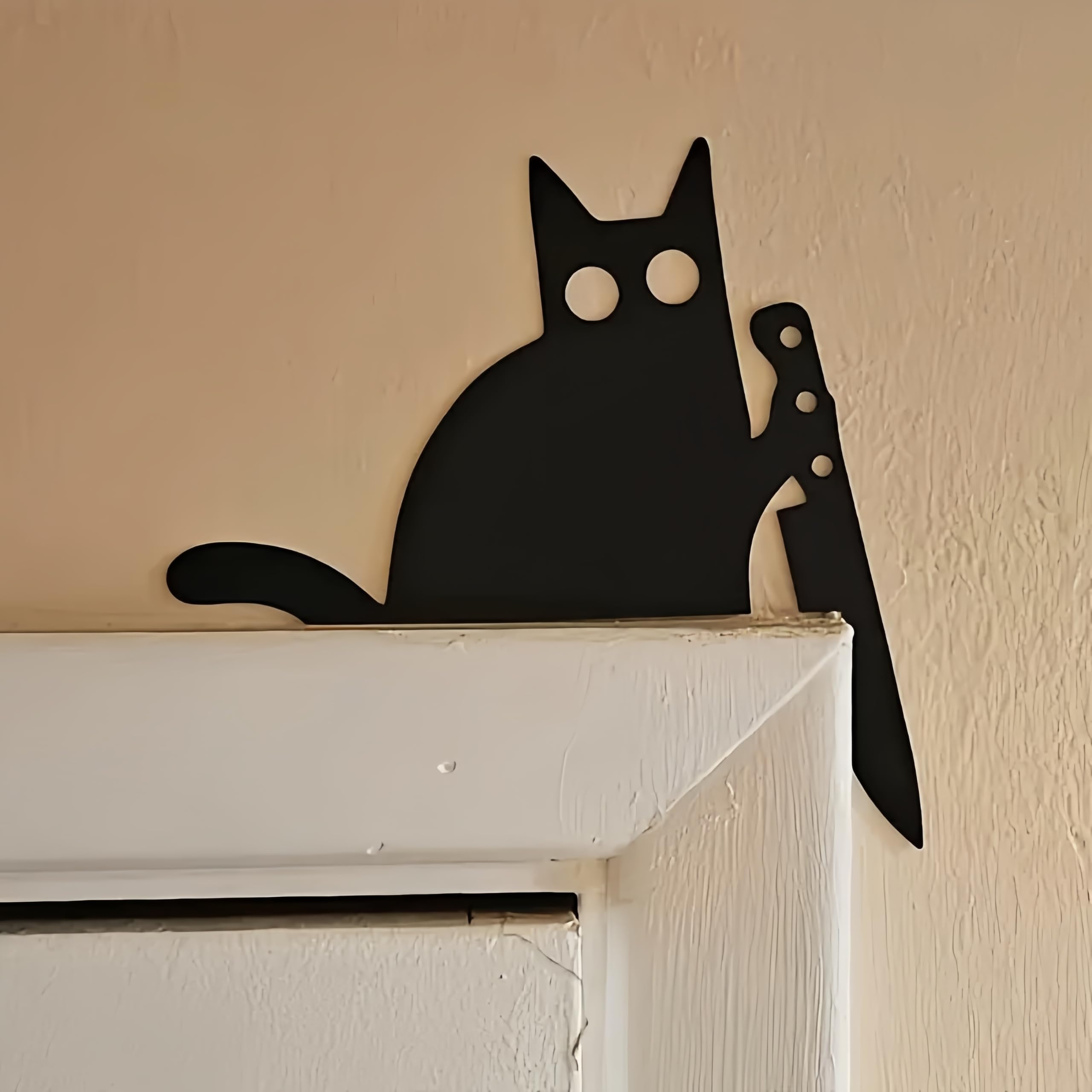 12x12 In Metal Funny Black Cat with Knife Door Topper Decor Iron Silhouette