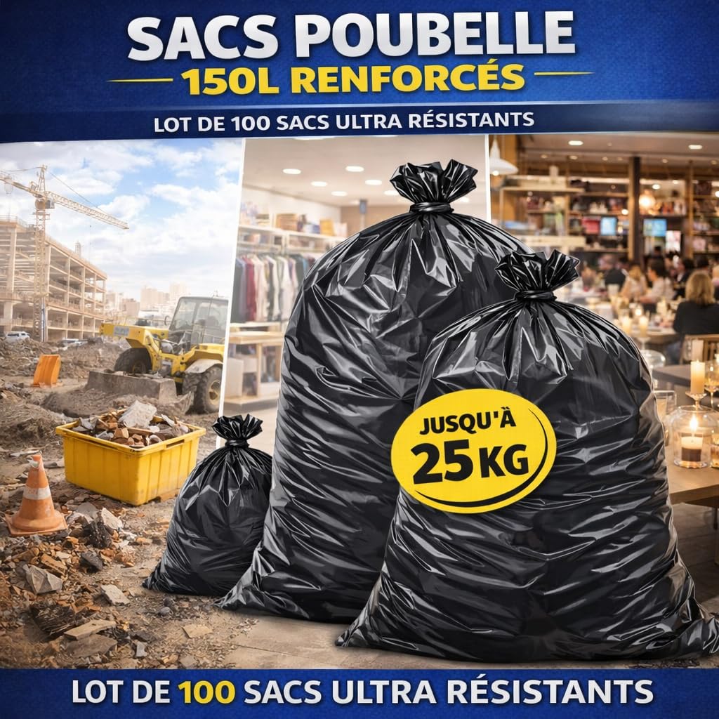 Bolsa de basura de 150 litros reforzada | Lote de 100 bolsas de 150 L ultra resistentes | Gama profesional | Residuos pesados hasta 35 KGS | Obras - Oficinas - Comercios - Restauración (150 litros)