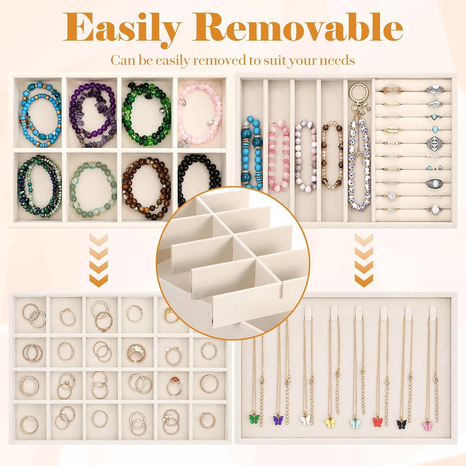 Large Velvet Jewelry Drawer Organizer Trays- Beige Stackable Jewelry Trays Jewelry Storage Inserts Set,4-Layer Jewelry Tray Set for Earrings, Rings, Necklaces, Bracelets with Removable Dividers image 3