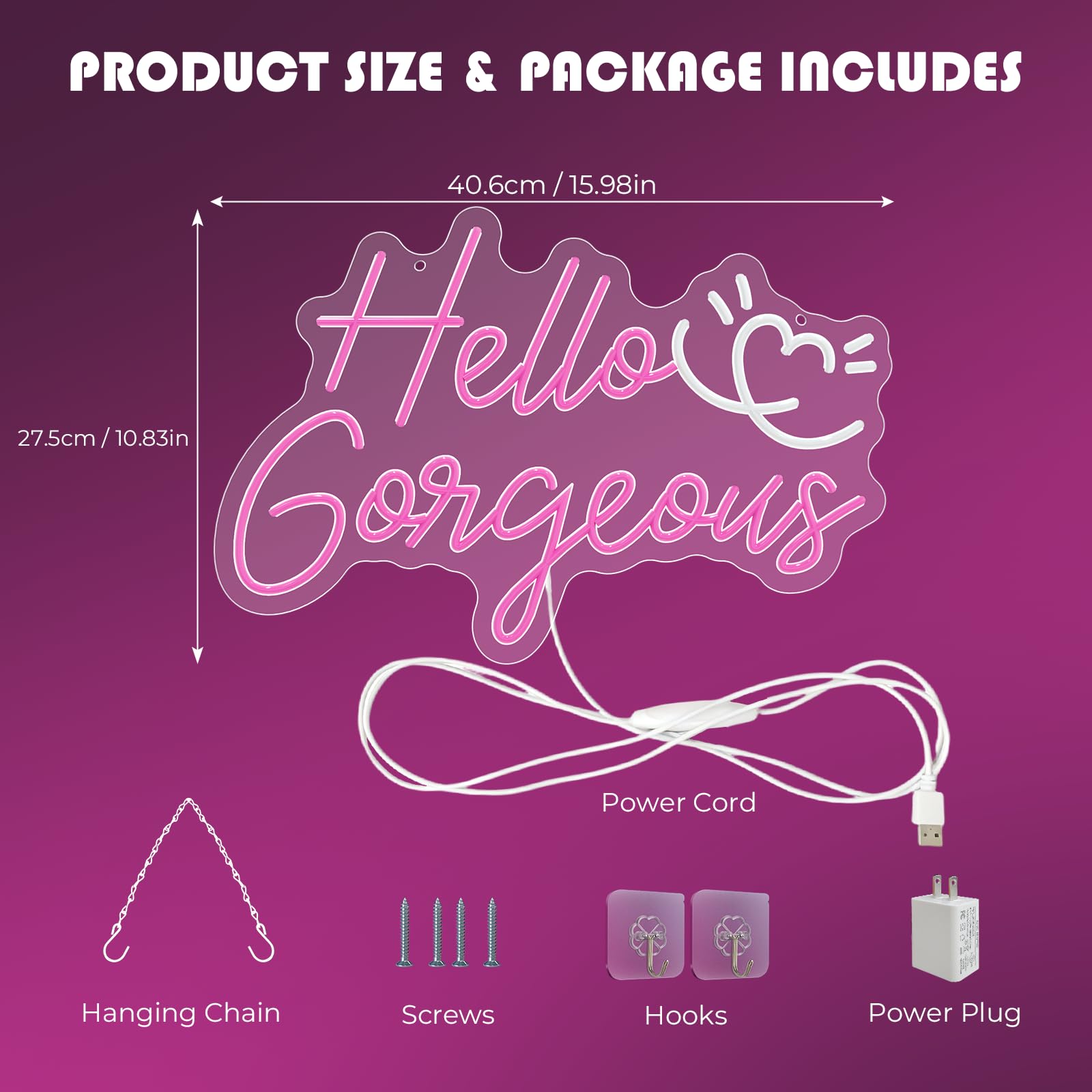 Hello Gorgeous Neonschild, 40,6 x 27,7 cm, LED-Schild, Neonschilder für Wanddekoration mit dimmbarem Schalter, Stromversorgung über USB, rosa Neonlichter für Teenager, Mädchen, Schlafzimmer