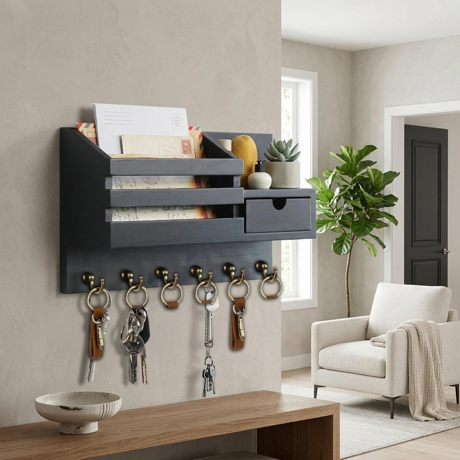 rockible Porte-clés Mural Organisateur de Courrier Étagère En Bois avec Crochets pour Rangement de Clés Courrier Objets Du Quotidien Adapté à Entrée Chambre Cu, Noir