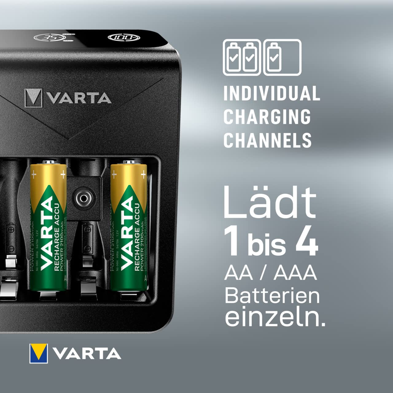 VARTA Akku Ladegerät mit EU-Stecker für 2/4 wiederaufladbare AA/AAA Batterien, 1x 9V, 1x USB-Gerät - LCD Plug Charger+ schwarz - Inkl. 4x AA 2100 mAh