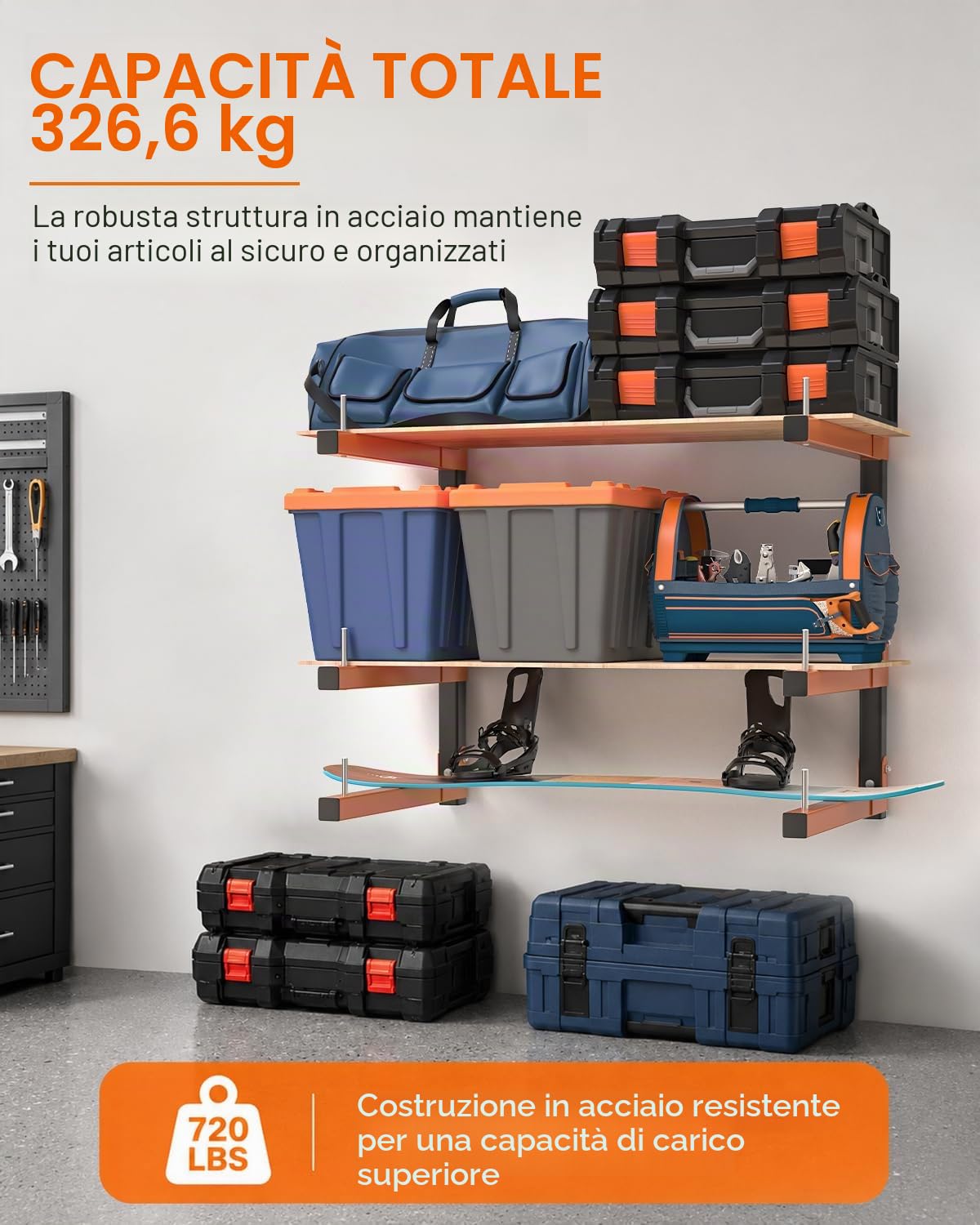 Acools Scaffale per legname, scaffale sopraelevato per garage, supporto da parete resistente, 2 scaffali in legno per organizzare e riporre negozi, organizer da parete in garage (confezione da 4)