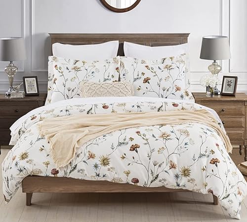 DAUAOTO Juego de funda de edredón tamaño Queen - 90 x 90 pulgadas + 2 fundas, juego de ropa de cama de algodón con patrón floral de jardín de varios