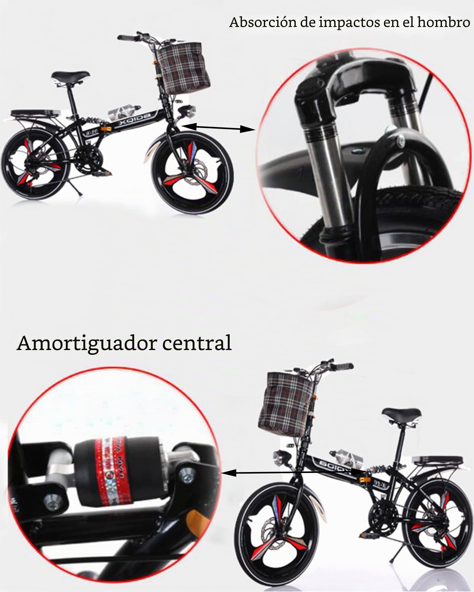 Bicicleta plegable de 20 pulgadas para adultos hombres y mujeres adolescentes Bici Plegable,absorción de doble choque delantera y trasera,6velocidades variables,freno de disco doble,negr