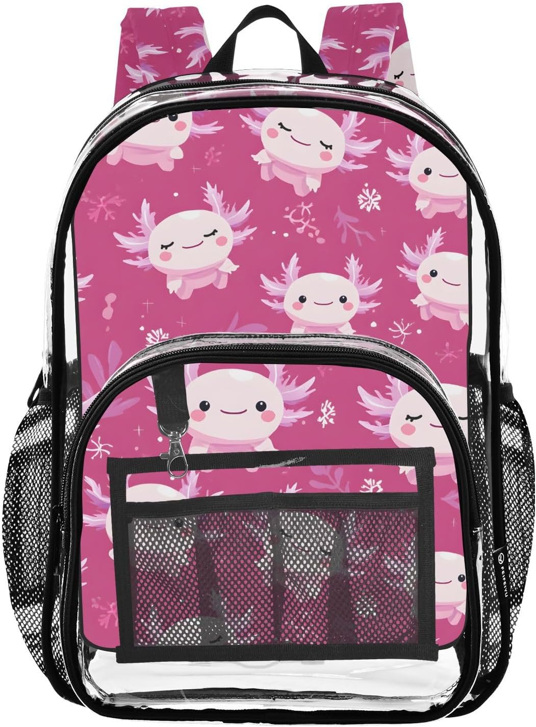 Cute Axolotl Blossom Flower Clear Backpack Heavy Duty See Through Transparent PVC BookBag for Kids Boy Girl Adult School Work
