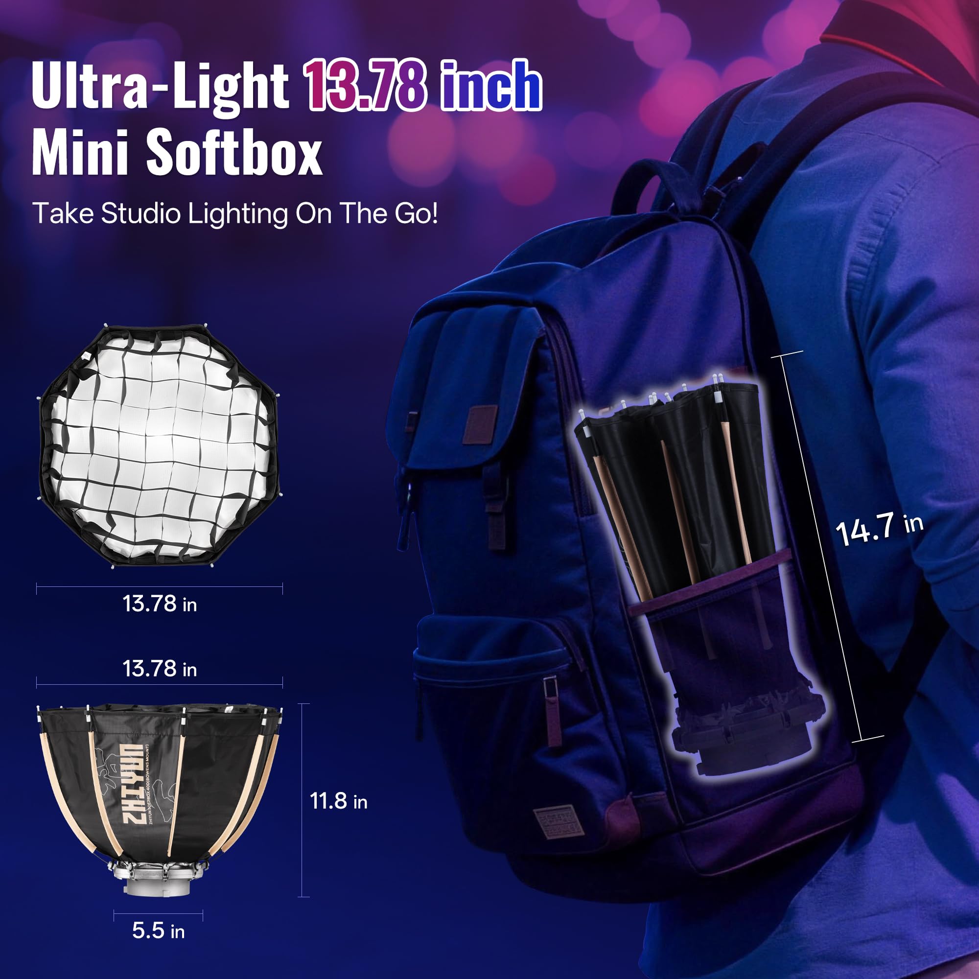 HIYUN Bowens Mount Boîte à Lumière Octogonale 40D Softbox pour ZHIYUN Molus X200, Série G Série B avec Fermeture Rapide et Grille en nid d'abeille pour Studio Photo, Enregistrement vidéo et Portrait