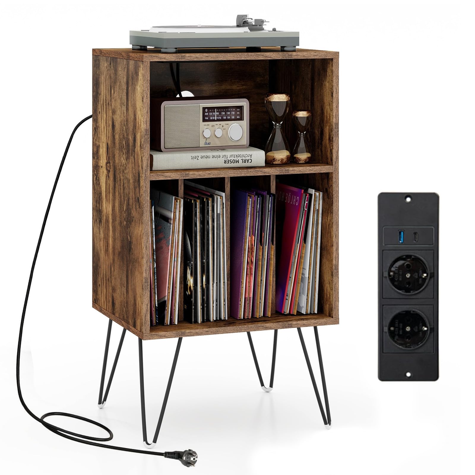 GIANTEX Support Tourne-Disque Vinyle à 3 Niveaux, Table d'Appoint avec Station de Charge, USB Type C, 2 Prises, Meuble Tourne-Disque avec Pieds en Métal, 48 x 40 x 88 CM (Marron Routique)
