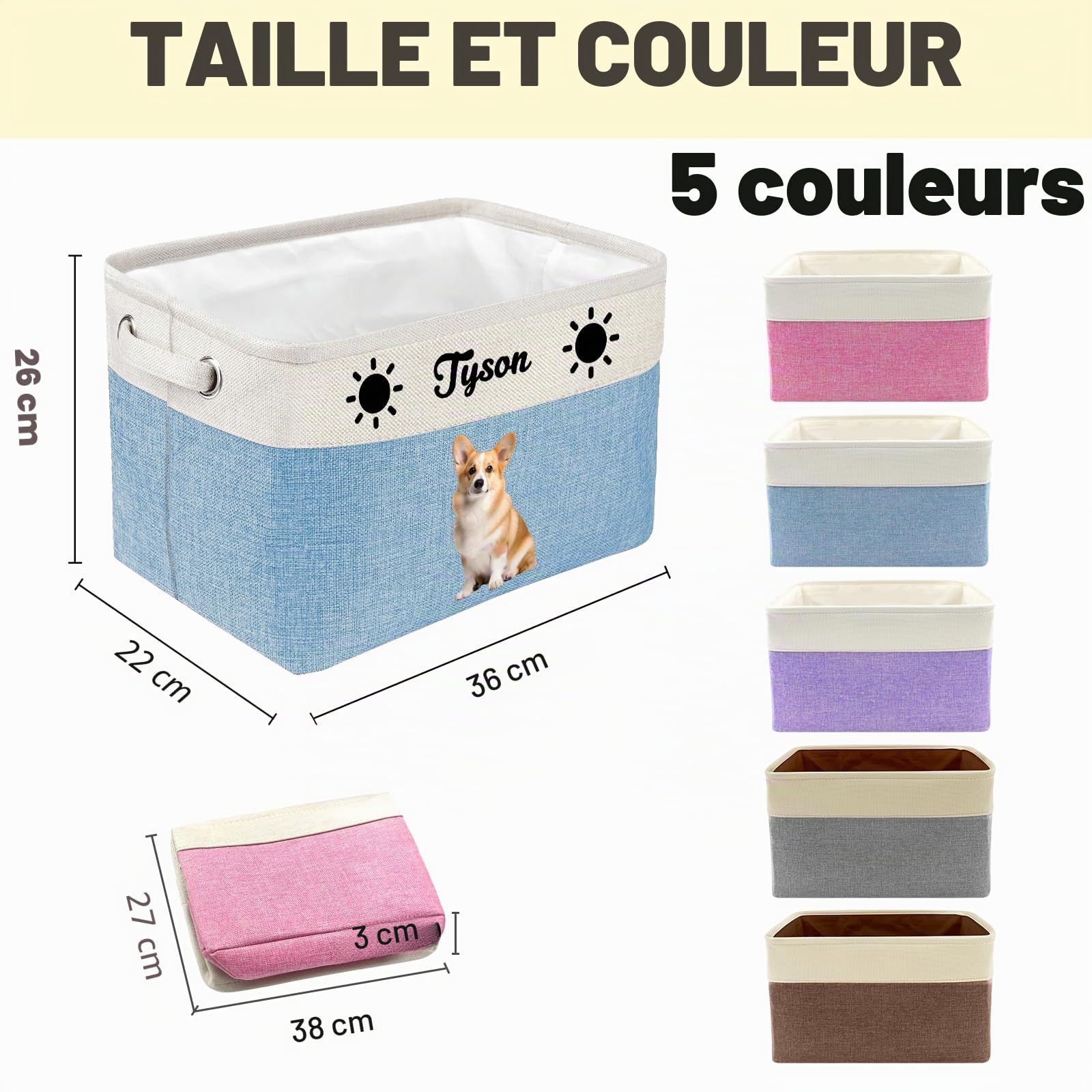 Panier de rangement personnalisé pour jouets pour animaux de compagnie – Organisateur de jouets personnalisé pour chien et chat avec nom, panier en tissu pliable et durable pour fournitures