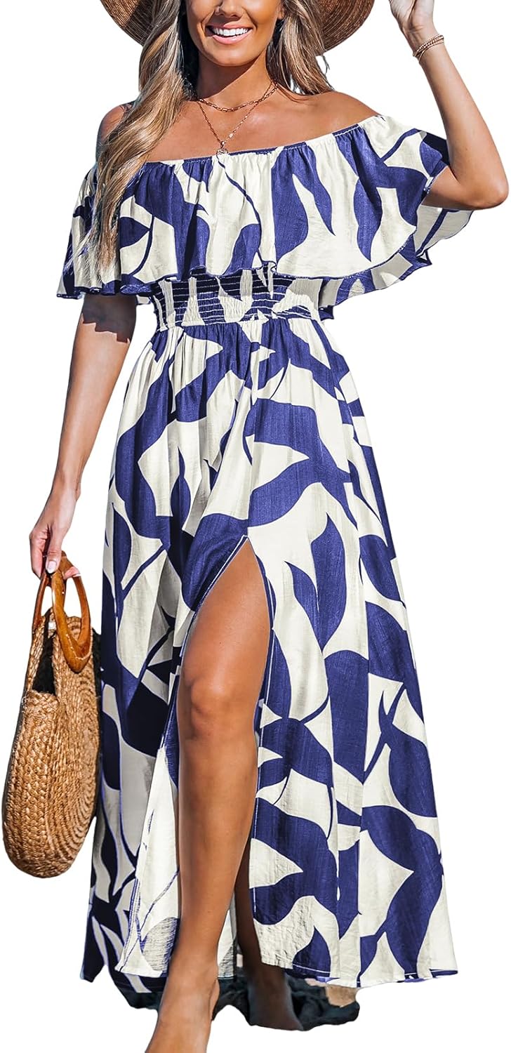 CUPSHE Women Ruffle Floral Maxi Summer Dress Off Shoulder Short Sleeve Backless Flounce Bodice Slit Hem Beach Dresses