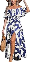 CUPSHE Women's Off Shoulder Ruffle Floral Maxi Beach Dress - Backless Short Sleeve Slit Hem Summer Sundress