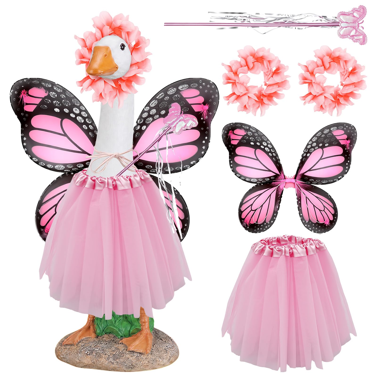 shaojian Fairy Porch Goose Outfit, 5 Pcs Pink Butterfly Goose Clothes with Tutu & Wings, Garden Lawn Geese Costume Accessories for Spring & Summer Decor(pink)