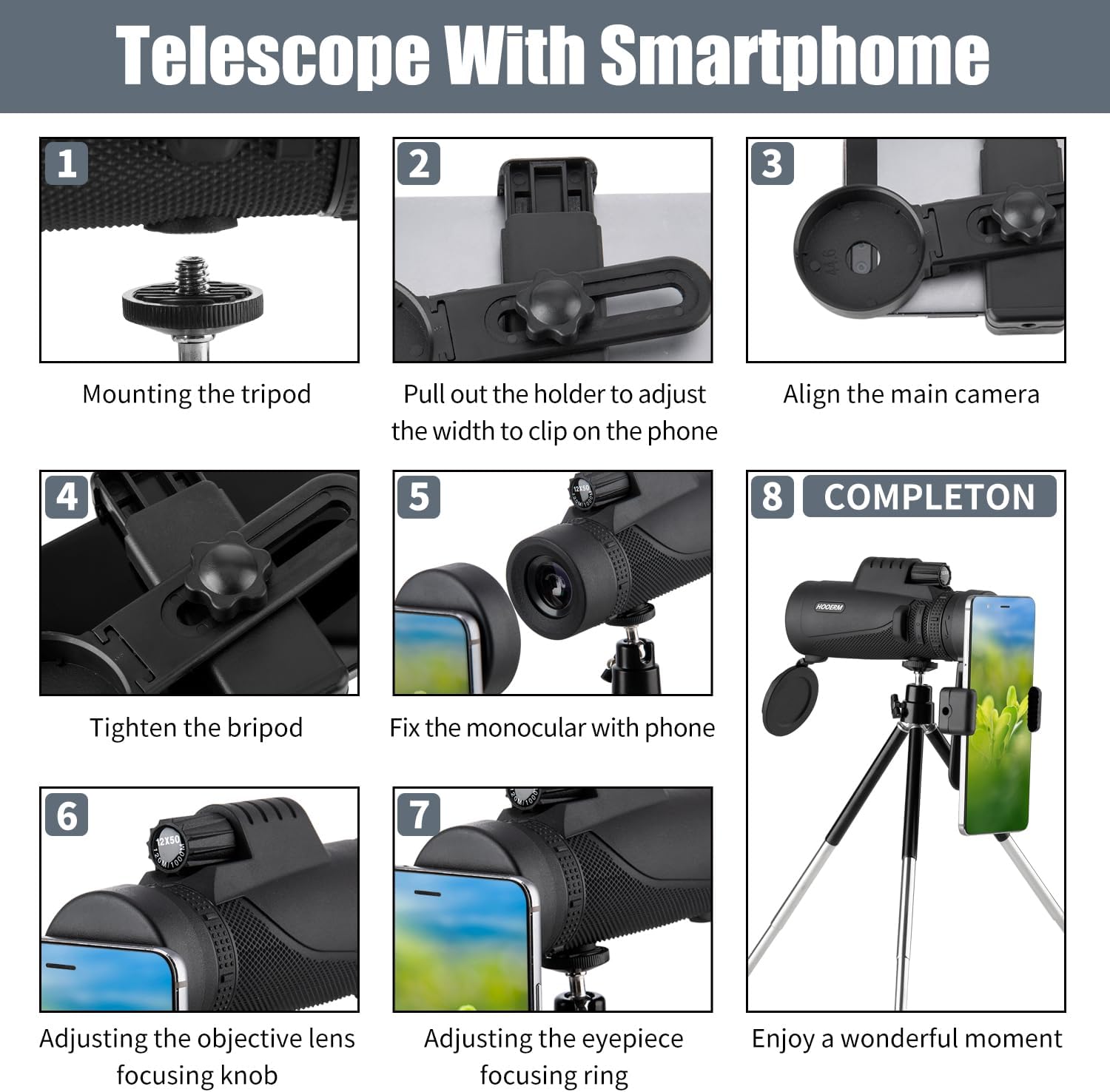 Monocular Telescope 12x50 High Power for Smartphone with Tripod, HD Monocular Lightweight BAK-4 Prism Monoculars for Adults Hiking Hunting Stargazing Bird Watching Camping Travel