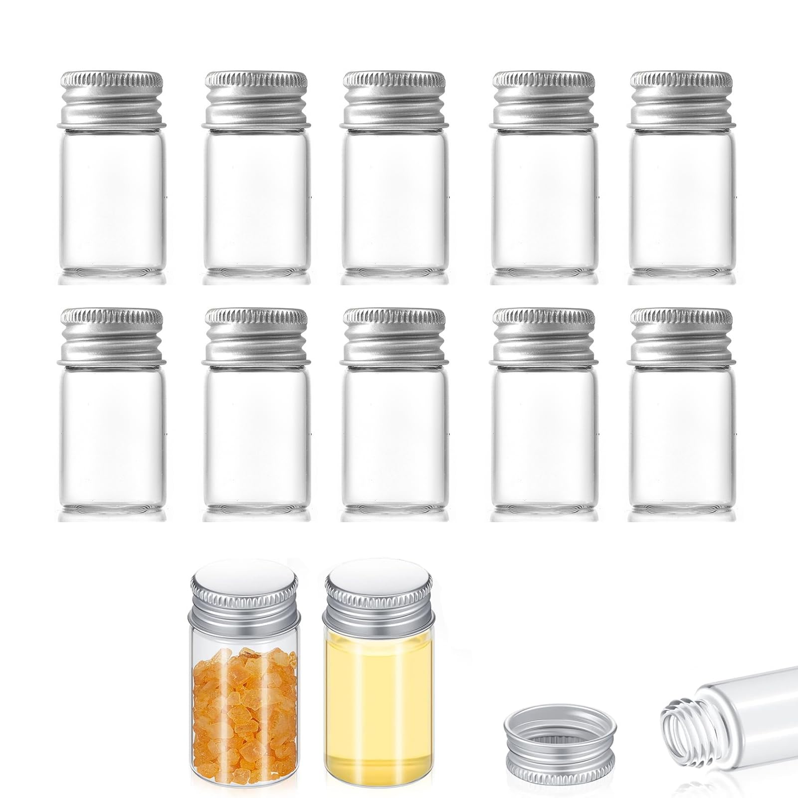 Phyxiul 小瓶 ガラス 瓶 10個セット密閉 蓋つ保存 容器 小物 ビン 容器 透明 粉末 液体 保存 (8ml)