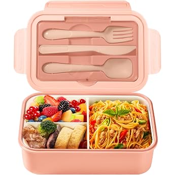 Diboniur Lunch Box with Compartments Cutlery Children Adults 1400 ml Bento Box for Microwave Dishwasher School Picnic Work Pink