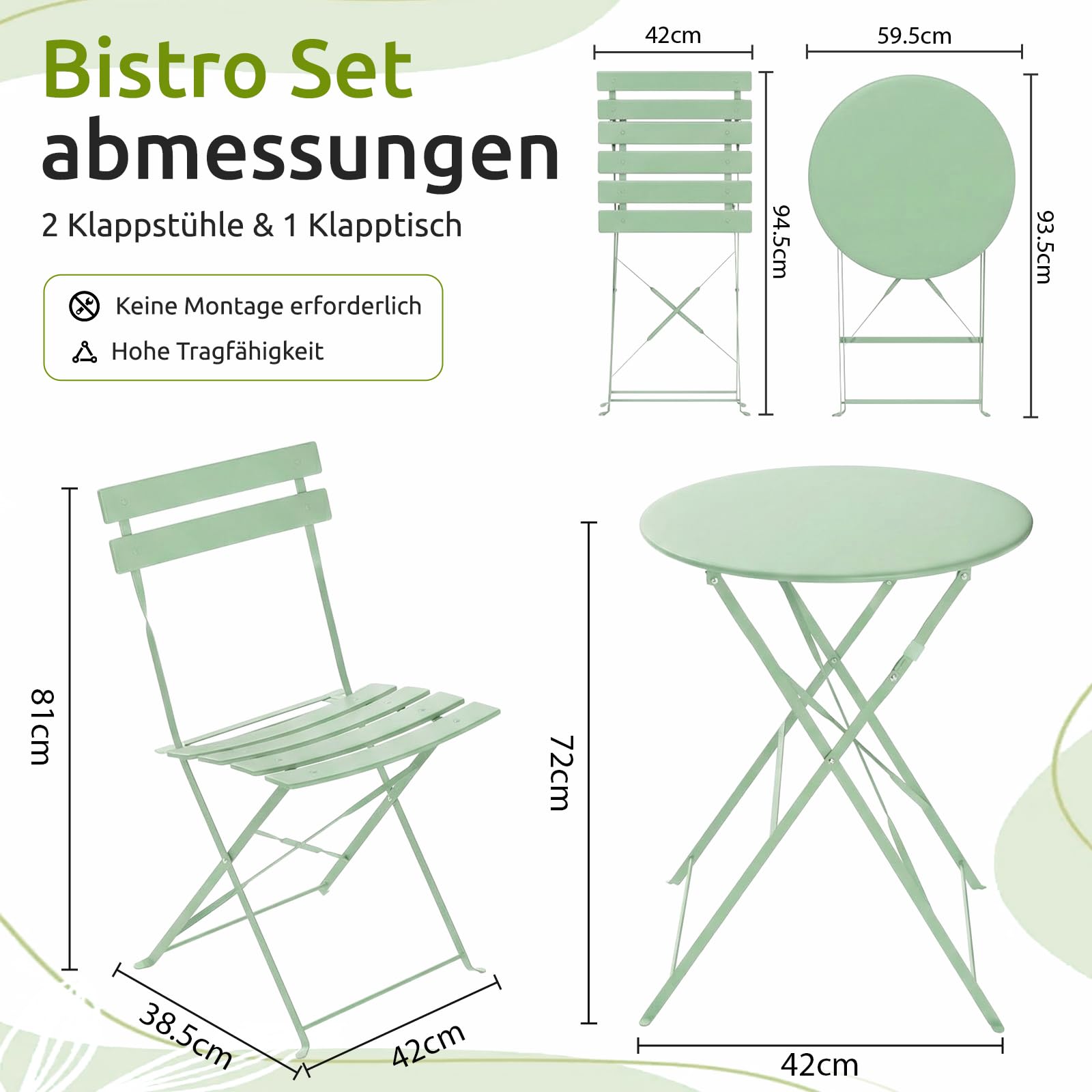 Clevich Bistro Set Balkon Metall, Balkonmöbel Set 3 teilig, Bistrotisch mit 2 Stühlen, Gartenmöbel-Set Outdoor Sitzgruppe, Faltbar und Wetterfest, für Gärten, Terrassen, Grün