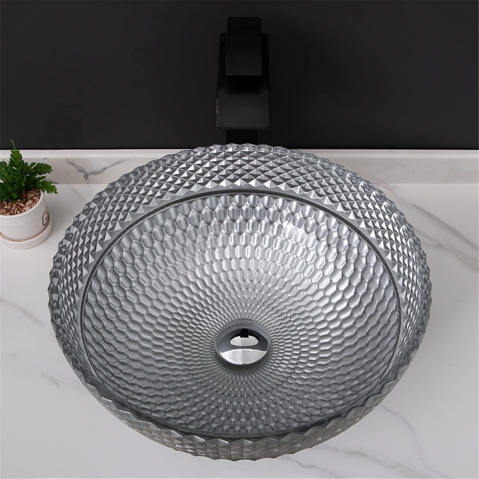 Lavandino da appoggio e Rubinetto per Il Bagno, lavabo da appoggio Rotondo in Vetro Artistico, Rubinetto Nero con Set di Scarico e Accessori, Grigio