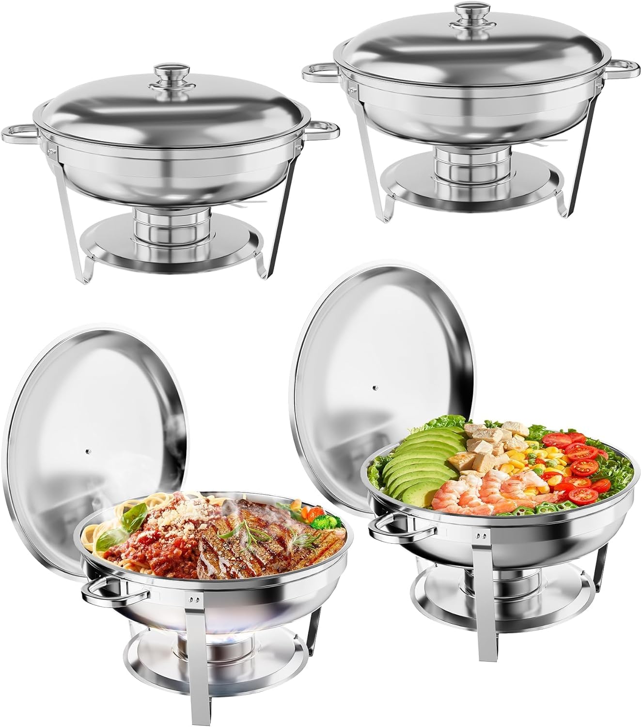Chafing Dish Buffet Set 4 Pack, 5QT Round Stainless Steel Chafer and Food Warmers with Food & Water Pan, Lid, Frame, Fuel Holder for Catering, Parties, Events, Wedding, Camping, Dinner