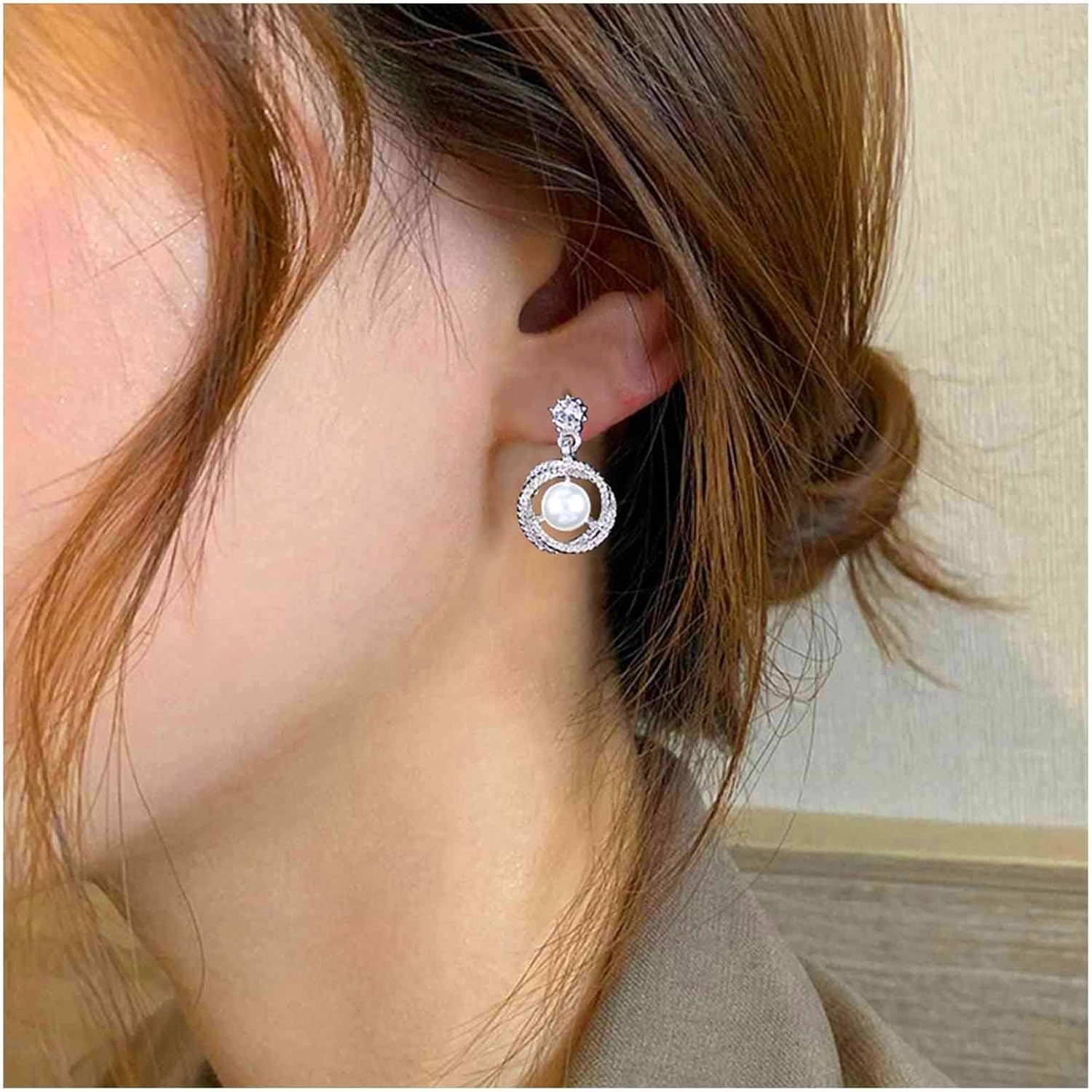 Vintage Circle Pearl Drop Earrings Silver Crystal Stud Earrings Hollow Circle Dangle Earrings Eternity Pearl Earrings Pearl Cz Wedding Earrings Jewelry for Women - Image 6