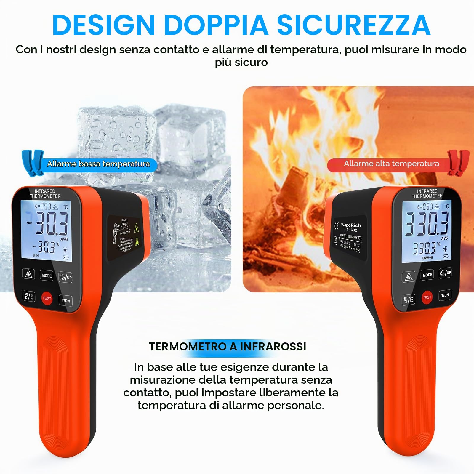 Termometro Infrarossi, WapoRich Digitale Laser Senza Contatto Termometro Pistola -50℃~1600℃ IR Industrial Pirometro Portatile con Emissività Regolabile D:S=30:1 per HVAC Cucina Pizza (NON per Umani)