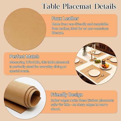 Miniatura 3 de Juego de 8 manteles individuales de vinilo, 17 x 12 pulgadas, color café, de piel sintética, antideslizantes, reversibles, 100% impermeables,