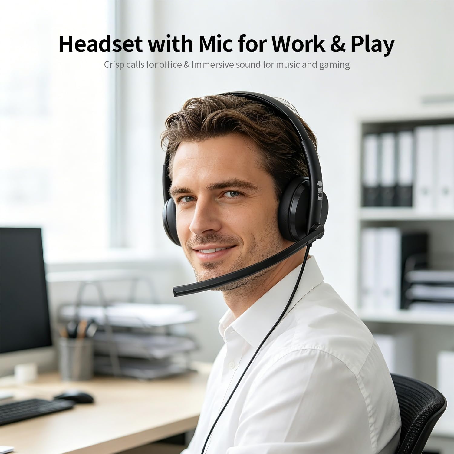 TOALLIN Wired Headset with Mic, Stereo USB Headphones with Noise-Canceling Microphone, Volume Control, One-Key Mute & Answer Calls, Works with PC, Laptop, Mac, Phone, Call Center and Office