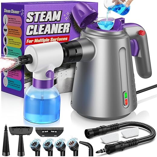 Handheld Steam Cleaner for Home, Pressurized Multi Purpose Steamer for Cleaning Upholstery Bed Furniture Couch Carpet Car with 14 Accessories & Safety Lock, Small Solution Tank for Grease
