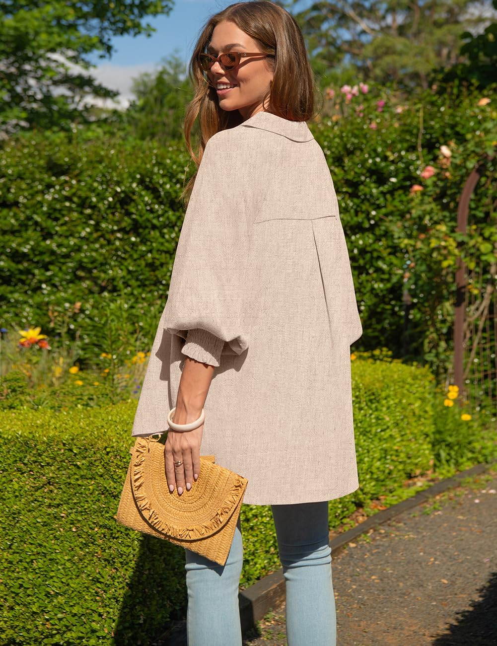 TARSE Women Linen Shirt Smocked Cuffed Casual Collar Long Sleeve Oversized Button Down Blouse Tops Boyfriend Shirt - Image 5