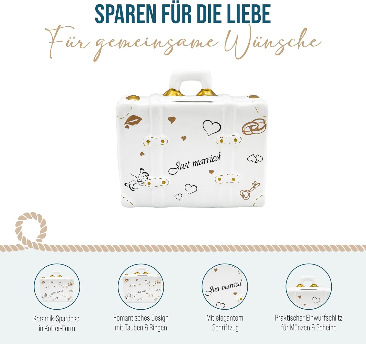 Logbuch-Verlag Money Box Suitcase Just Married Wedding Money Box Ceramic in White with Hearts, Approx. 14.5 x 10.5 cm, Money Gift Packaging & Wedding Decoration, Ideal Wedding Gift image 3