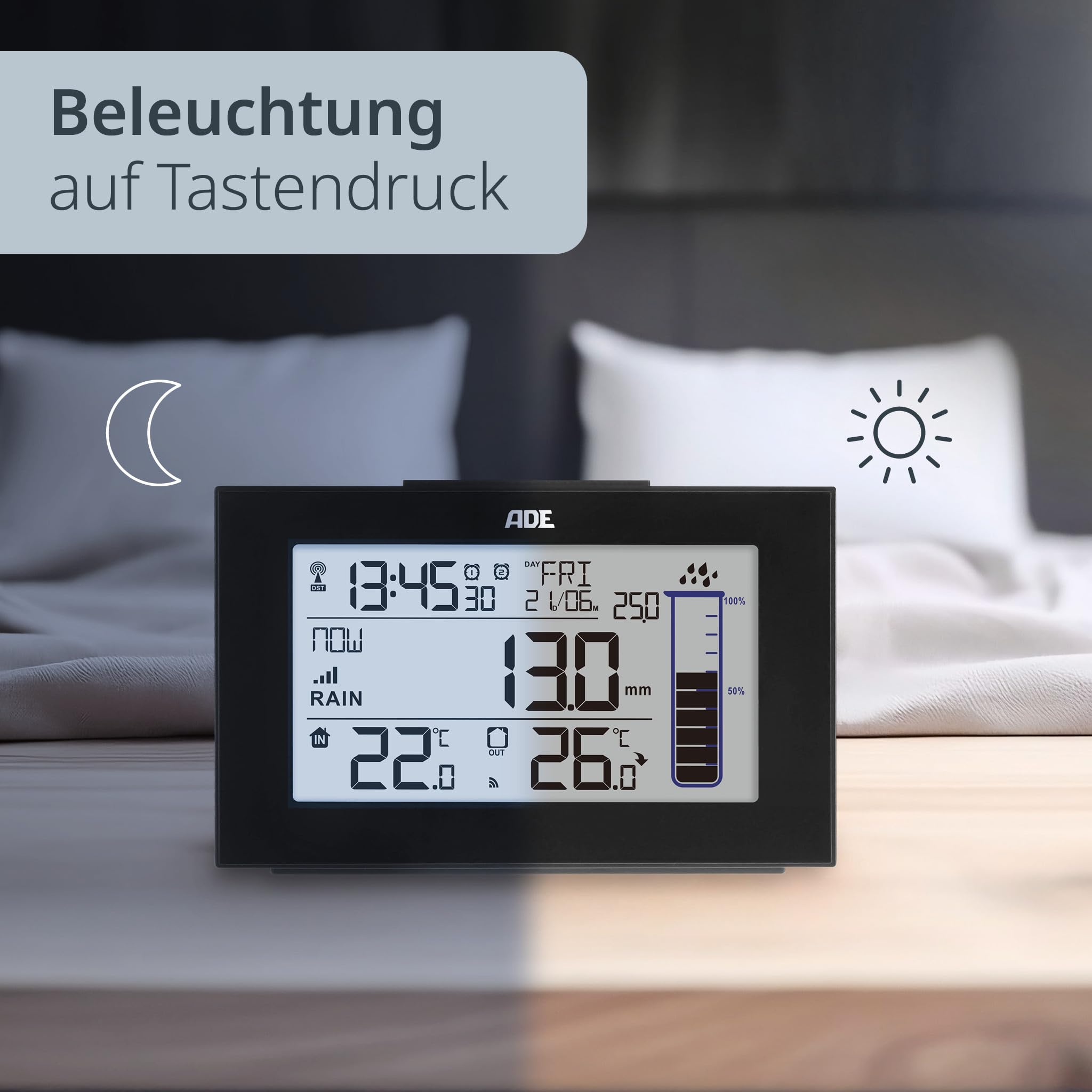 ADE Digitaler Regenmesser frostsicher mit Wetterstation | Funk-Außenthermometer für den Garten | Innenthermometer | Funkwecker mit 2 Weckzeiten | mit Datumsanzeige | inkl. Batterien