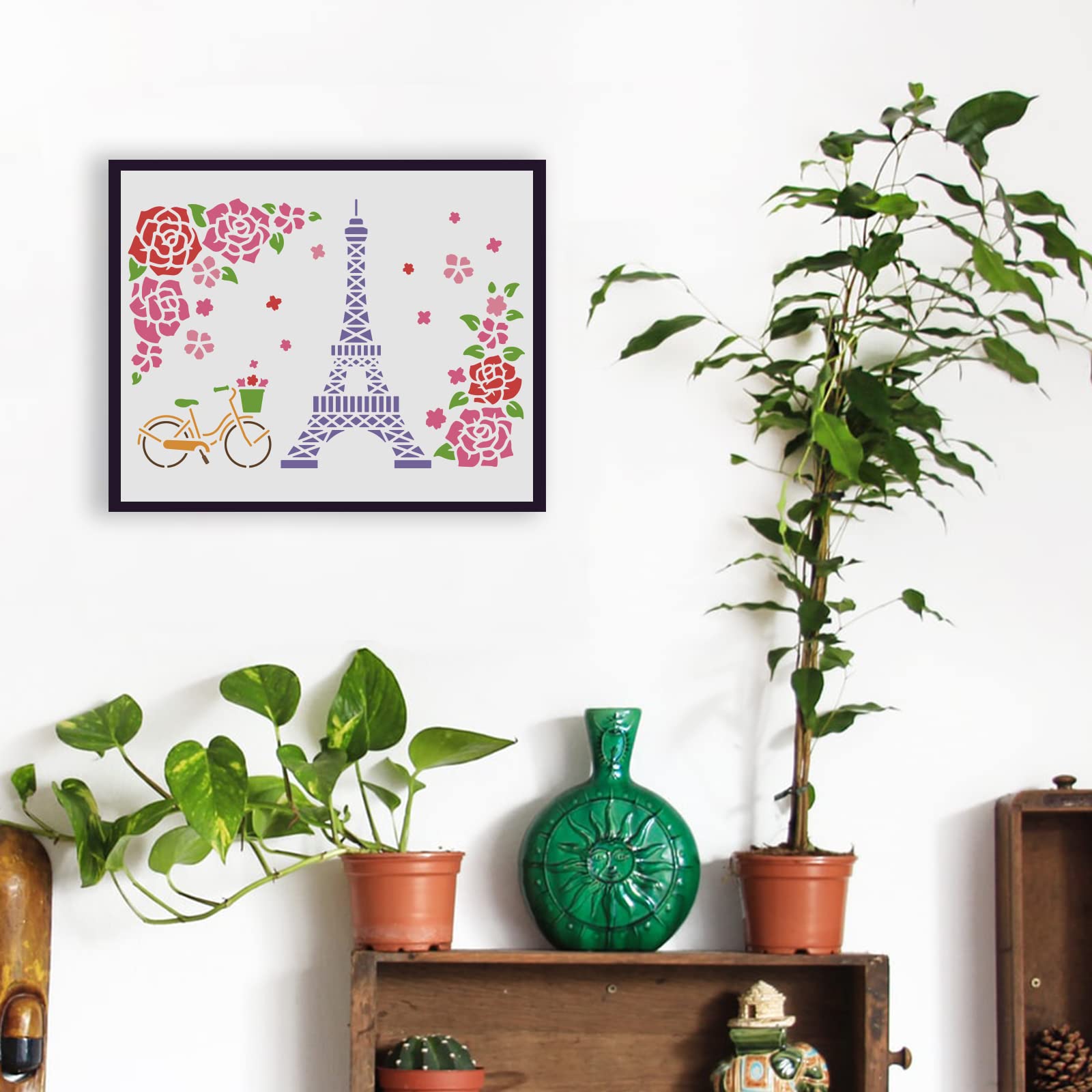 FINGERINSPIRE Eiffelturm-Schablone Mit Rosen & Fahrrad – 29,7x21 Cm, Wiederverwendbar, Für Wand, Holz, Fliesen & Stoff