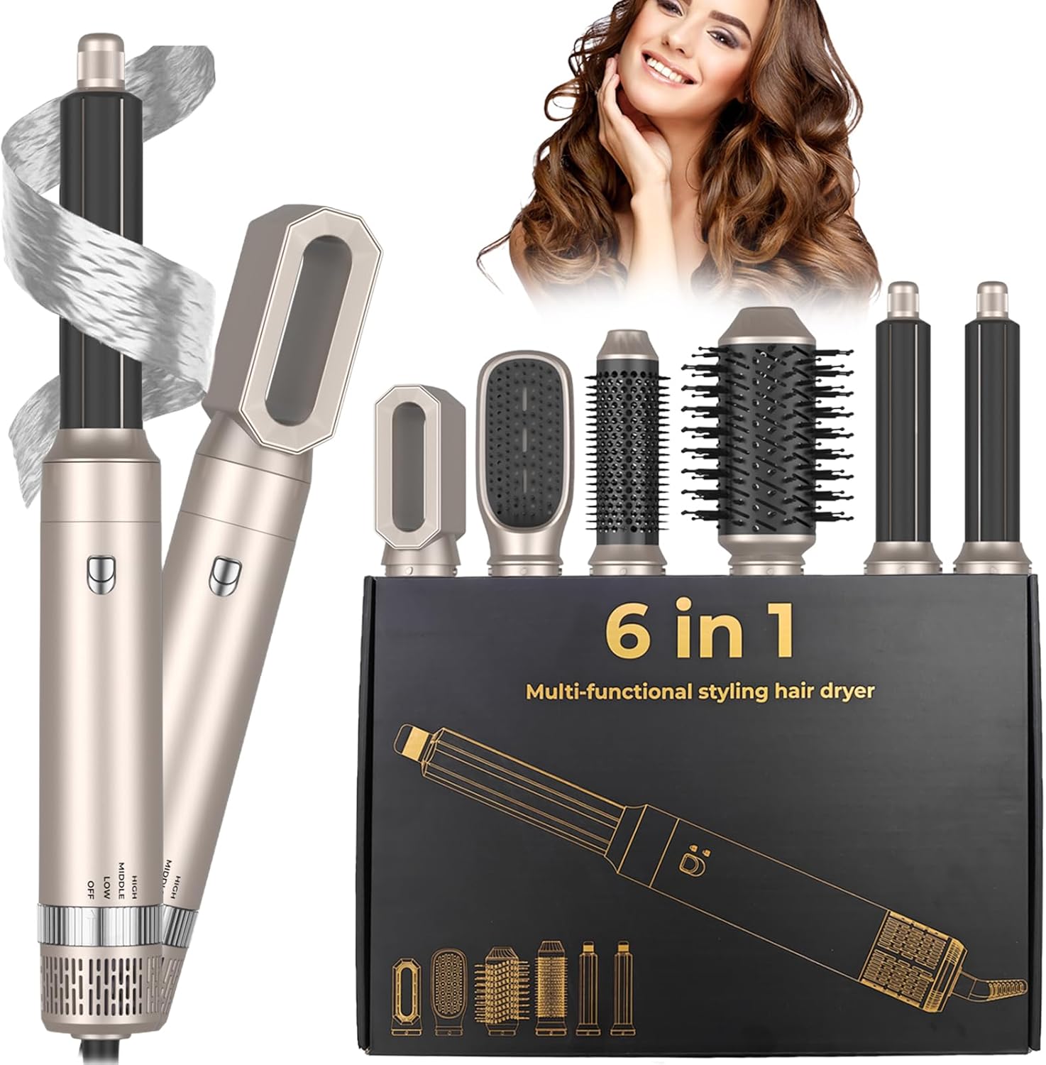 Hairstyler Airstyler 6-in-1 set met haardroger, haarborstel, haardroger voor drogen, gladmaken, krullen en volume, massagekam met ionenverzorging voor alle haarstijlen