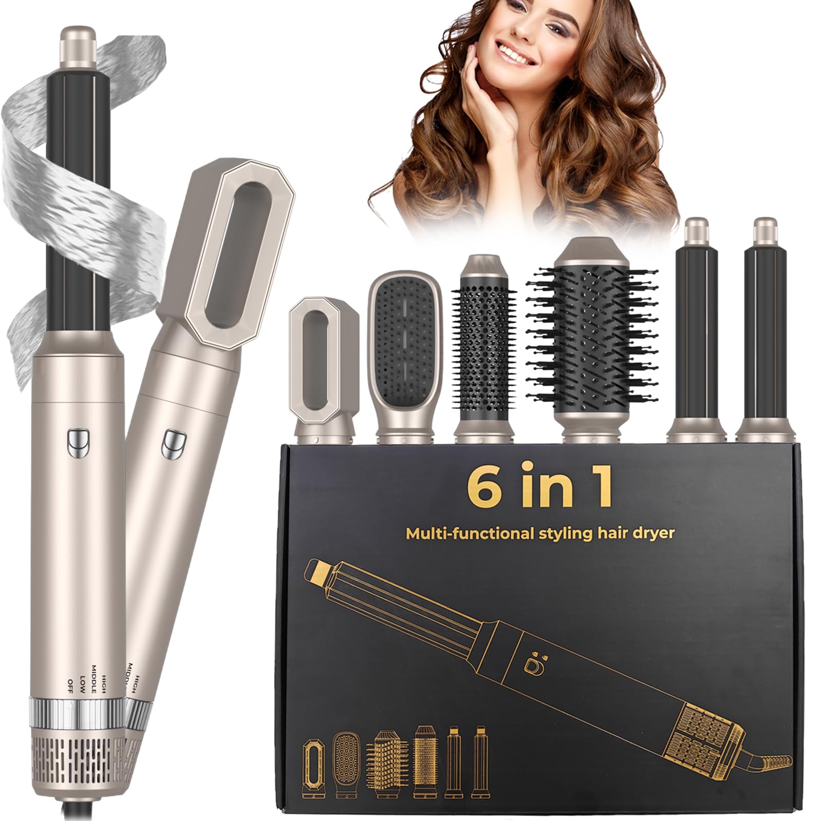 Cepillo Secador de Pelo 6 en 1, 1400W Cepillo De Aire Caliente Multifunción, Moldeador Pelo With Riza 3 Temperaturas, Tecnología Ion, Cepillo Alisador para Da Volumen, Alisa y Seca