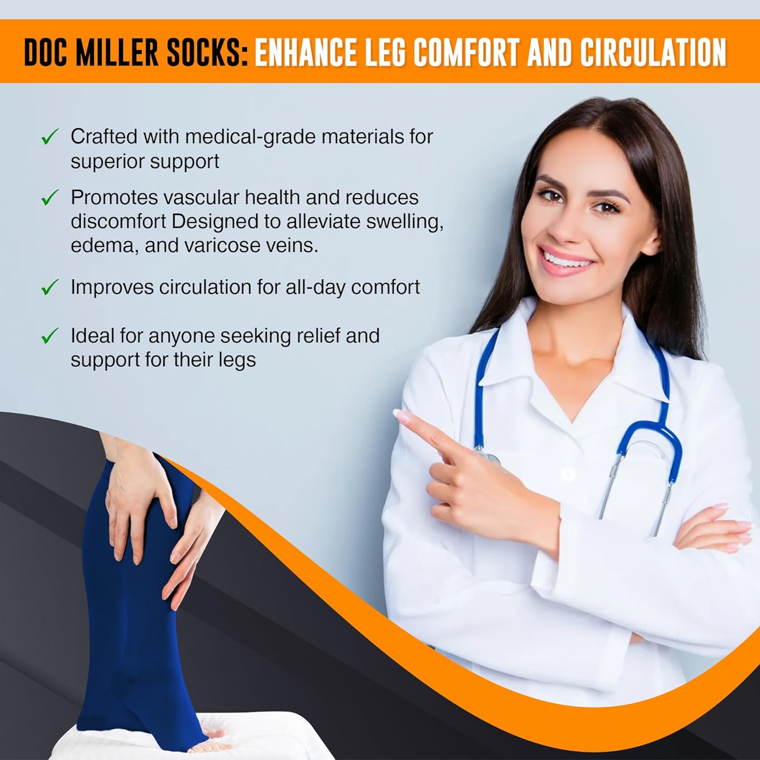 Doc Miller Open Toe Compression Socks, 20-30 mmHg, Toeless Compression Sleeves for Legs, Knee High Stockings for Shin Splints, Varicose Veins, Travel, Calf Support & Muscle Recovery, Men & Women, Pair - Image 6