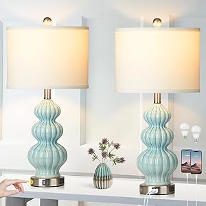 Rinweey Triple Gourd Ceramic Table Lamps Set of 2, Modern Blue Bedside Lamps with USB A+C Ports & AC Outlet, 3 Way Touch Control Contemporary Nightstand Lamps for Bedroom Living Room (Bulb Included)