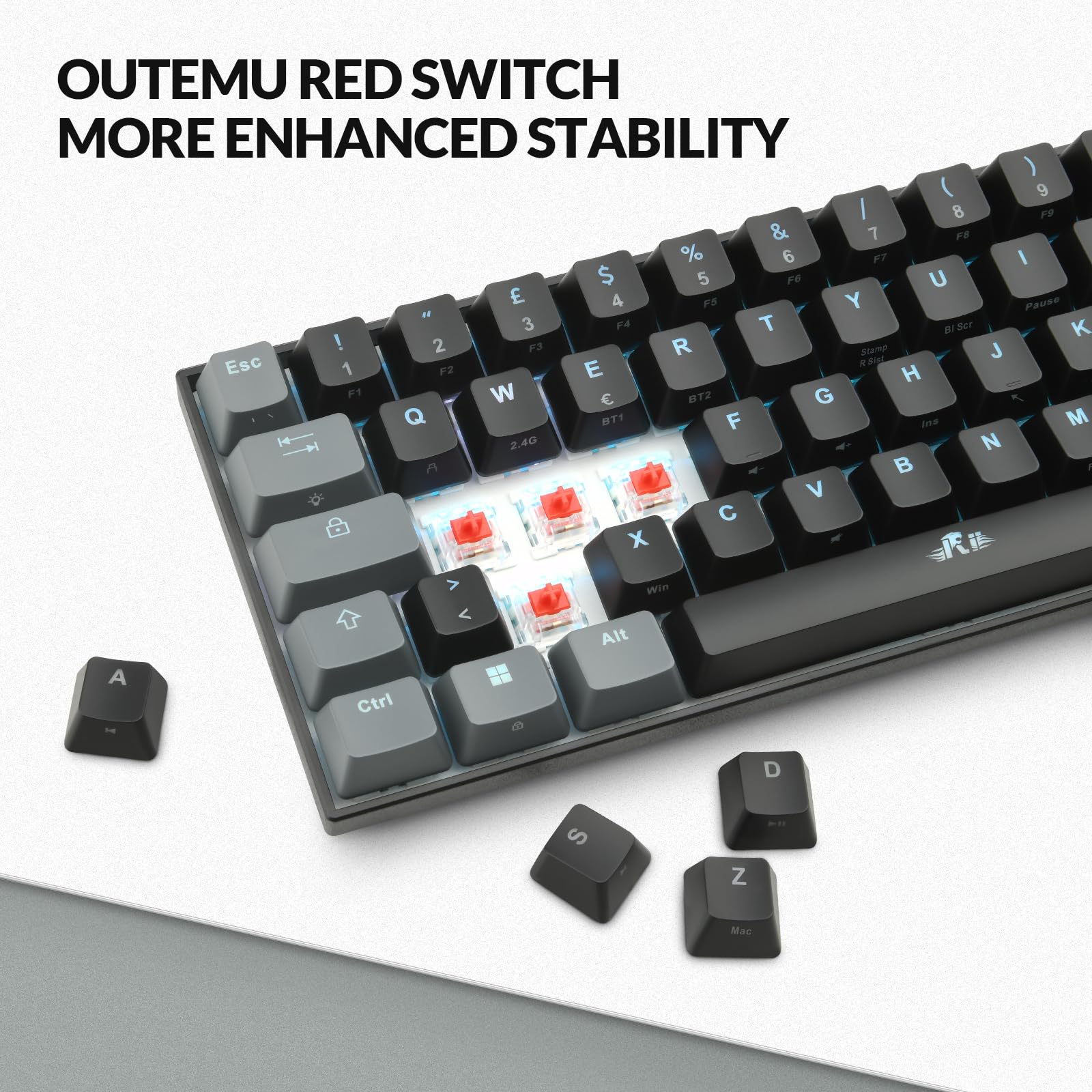 Rii Gaming RK802 - Tastiera meccanica silenziosa, dimensioni ridotte al 60%, tripla connessione (Wireless + Bluetooth + USB), batteria ricaricabile, retroilluminazione RGB 16 colori, anti-ghosting