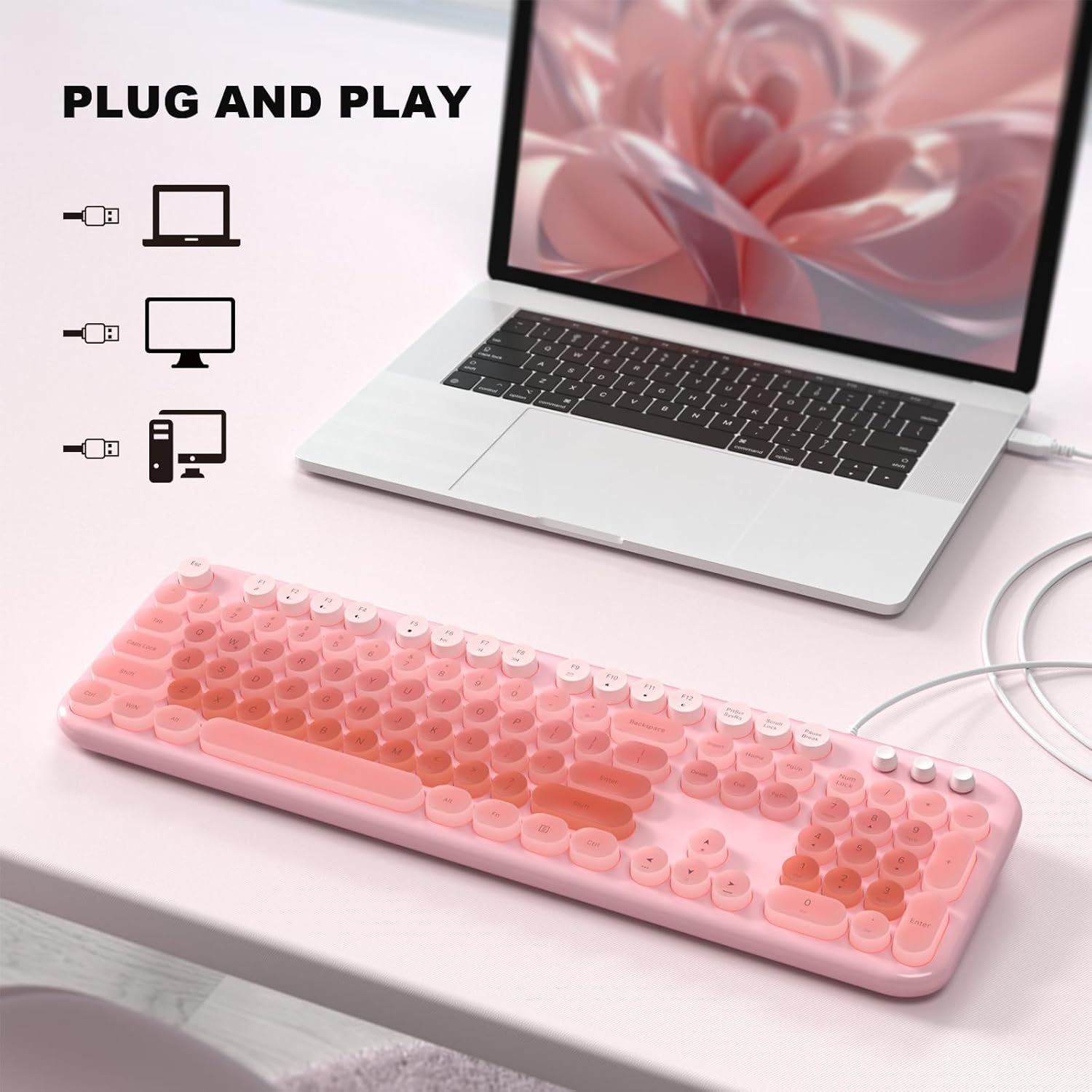 Wired Keyboard with Backlit, Light Up Computer Keyboards with Multimedia Keys, Full Size Wired Keyboard with Illuminated LED, Plug and Play, Anti-Wear Letters for Laptop, Desktop- Pink Colorful - Image 2