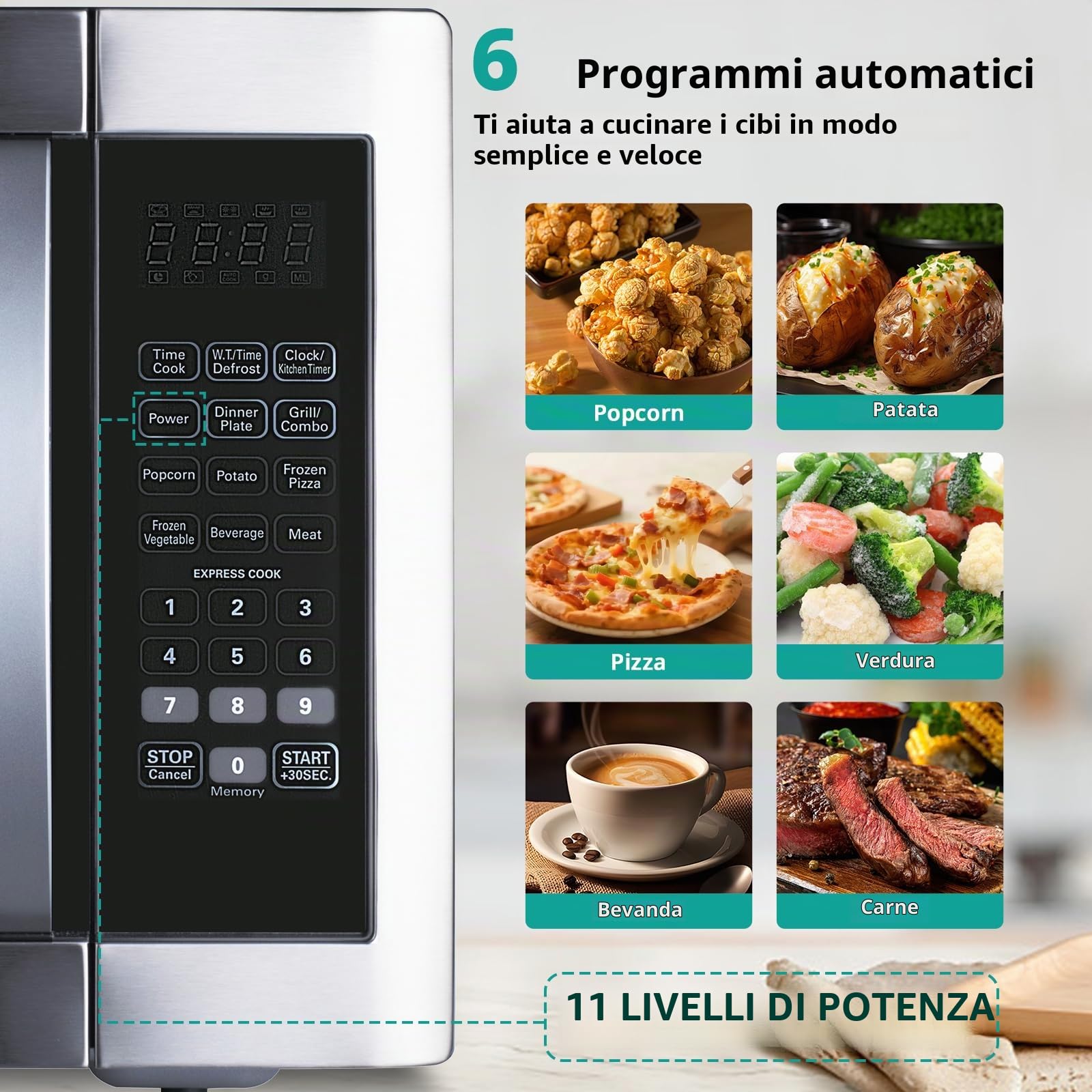 SMETA Microonde 42L Forno a Microonde con Grill 1100 W, Grill 1400W 11 livelli di potenza/funzione di scongelamento/timer/sicurezza per bambini/piatto girevole in vetro (Ø34,5 cm) Nero/Argento