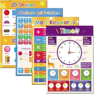 Lachilly Time, Shapes, Numbers and Fractions, Math Keywords Educational Posters for Kindergarten Nursery Home-school, Classroom Decorations, Kindergarten Materials, 4Pcs for Distance Learning