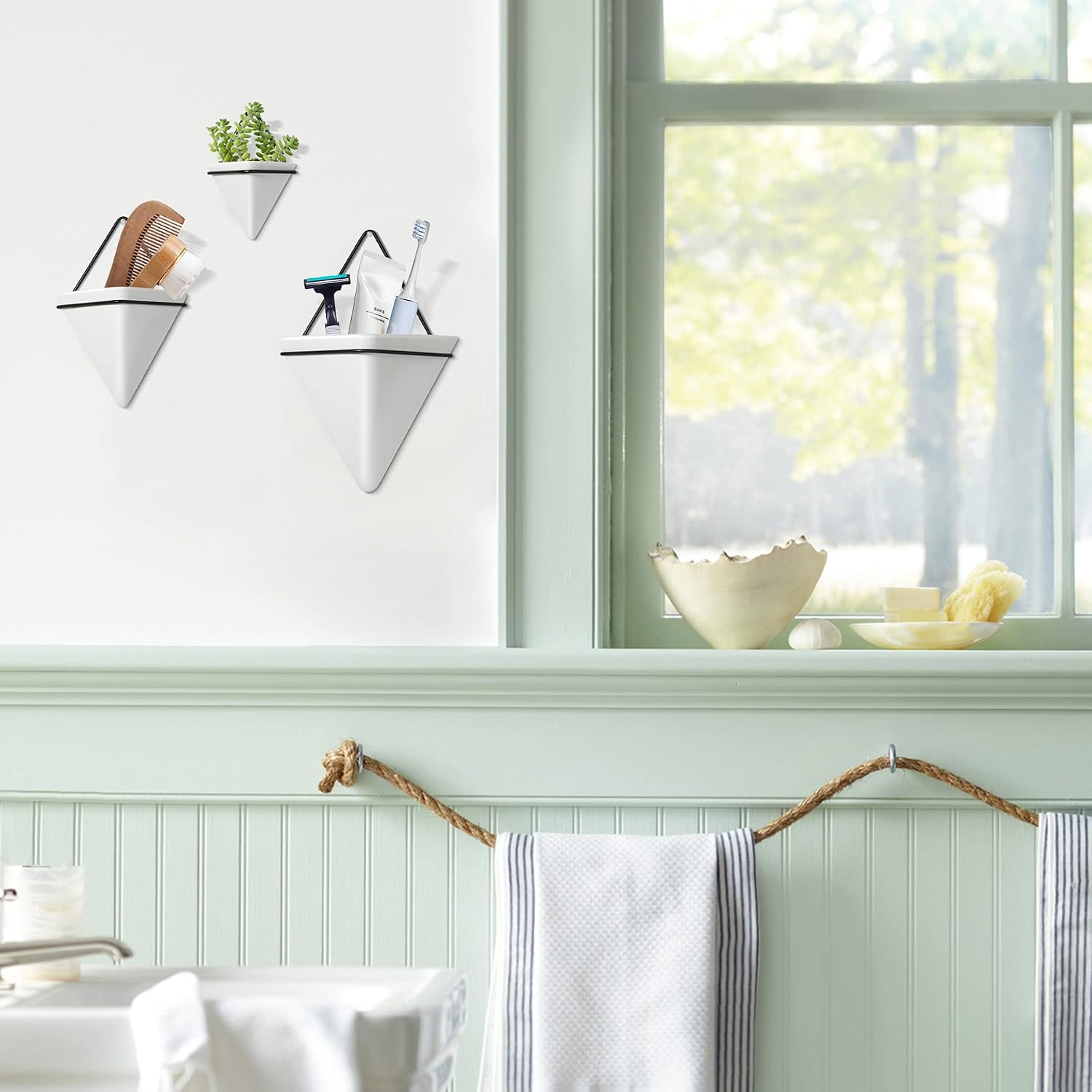 T4U Triangle Wall Planter Indoor, Set of 2 Ceramic Hanging Wall Planter, Geometric Succulent Air Plant Holder Vase Flower Cactus Faux Plants Containers, White Modern Decor for Home and Office