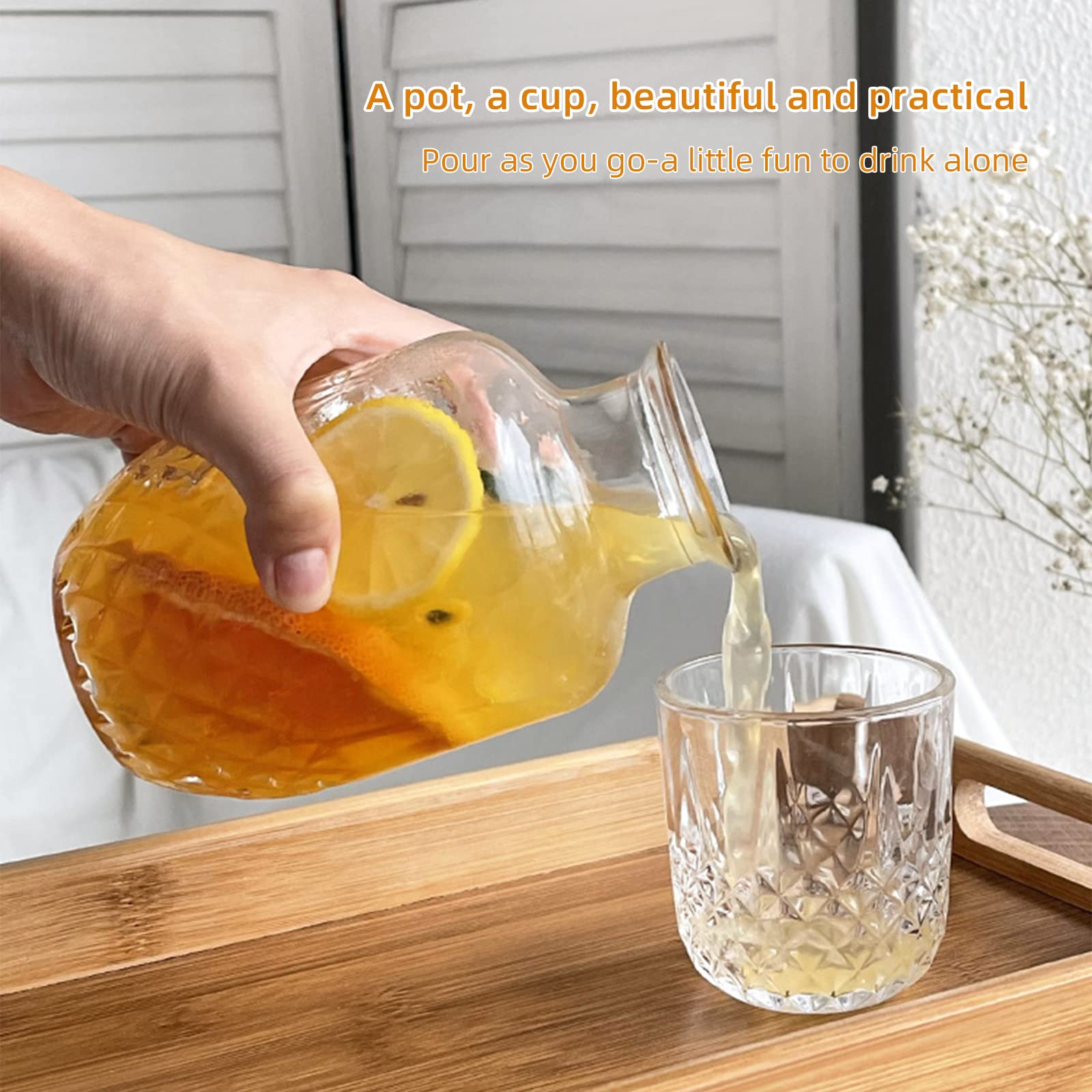 Nachtkastje Waterkaraf Glas Set met Tumbler, maxant Vintage Nachtkastje Glazen Karaf 1200ml Glazen Waterkruik Warme Koude Drank Waterkaraf Waterkan voor Slaapkamer Badkamer Eetkamer en Picknick