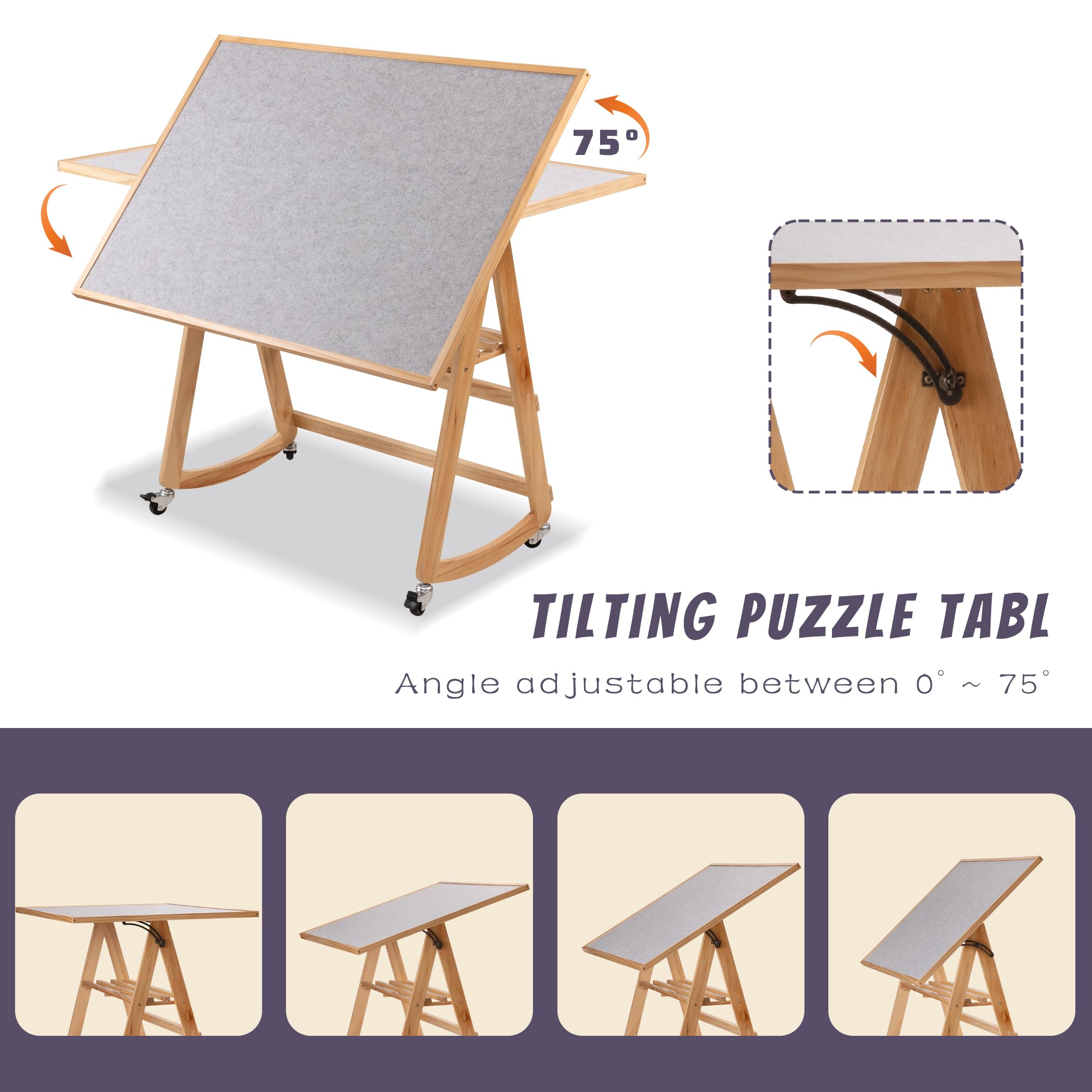 Lavievert 1500 Piece Tilting Puzzle Table with Legs & Cover, Adjustable Jigsaw Puzzle Board Easel with Storage, Portable Space-Saving Wooden Table with Non-Slip Tabletop & 4 Wheels for Adults